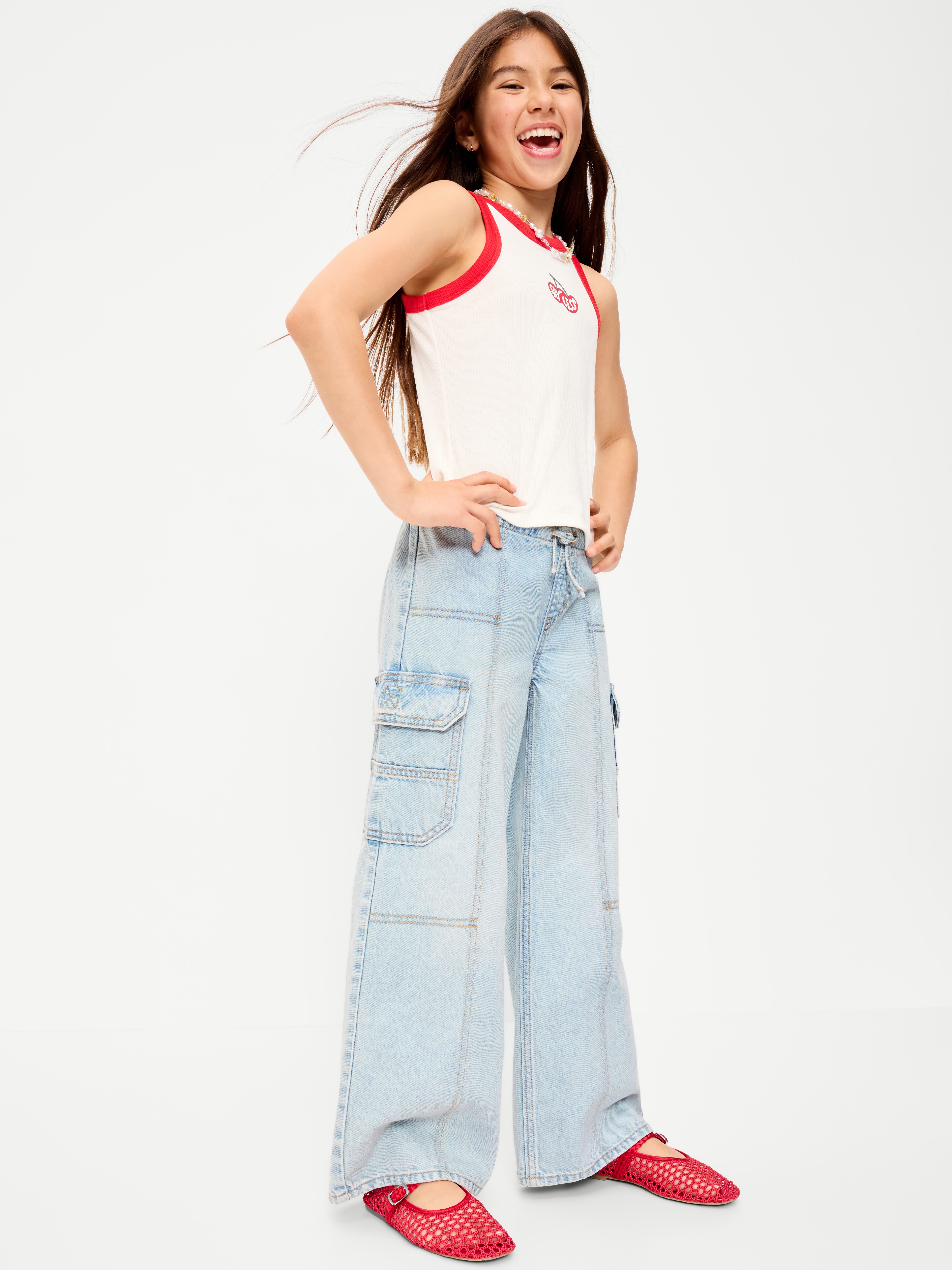 Pull-On Low-Rise Super Baggy Wide-Leg Cargo Jeans for Girls - Light Wash - 3