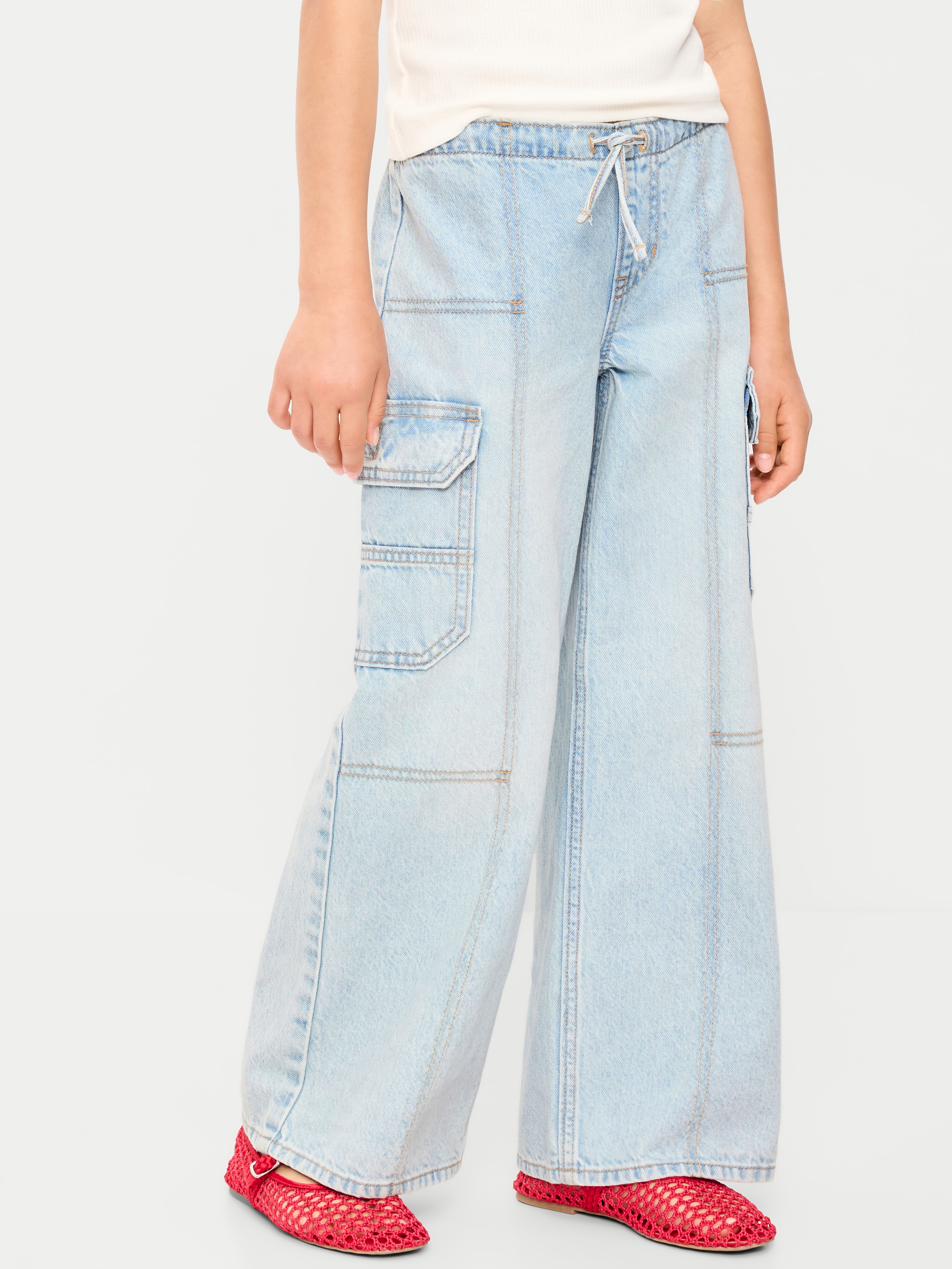 Pull-On Low-Rise Super Baggy Wide-Leg Cargo Jeans for Girls - Light Wash - 1