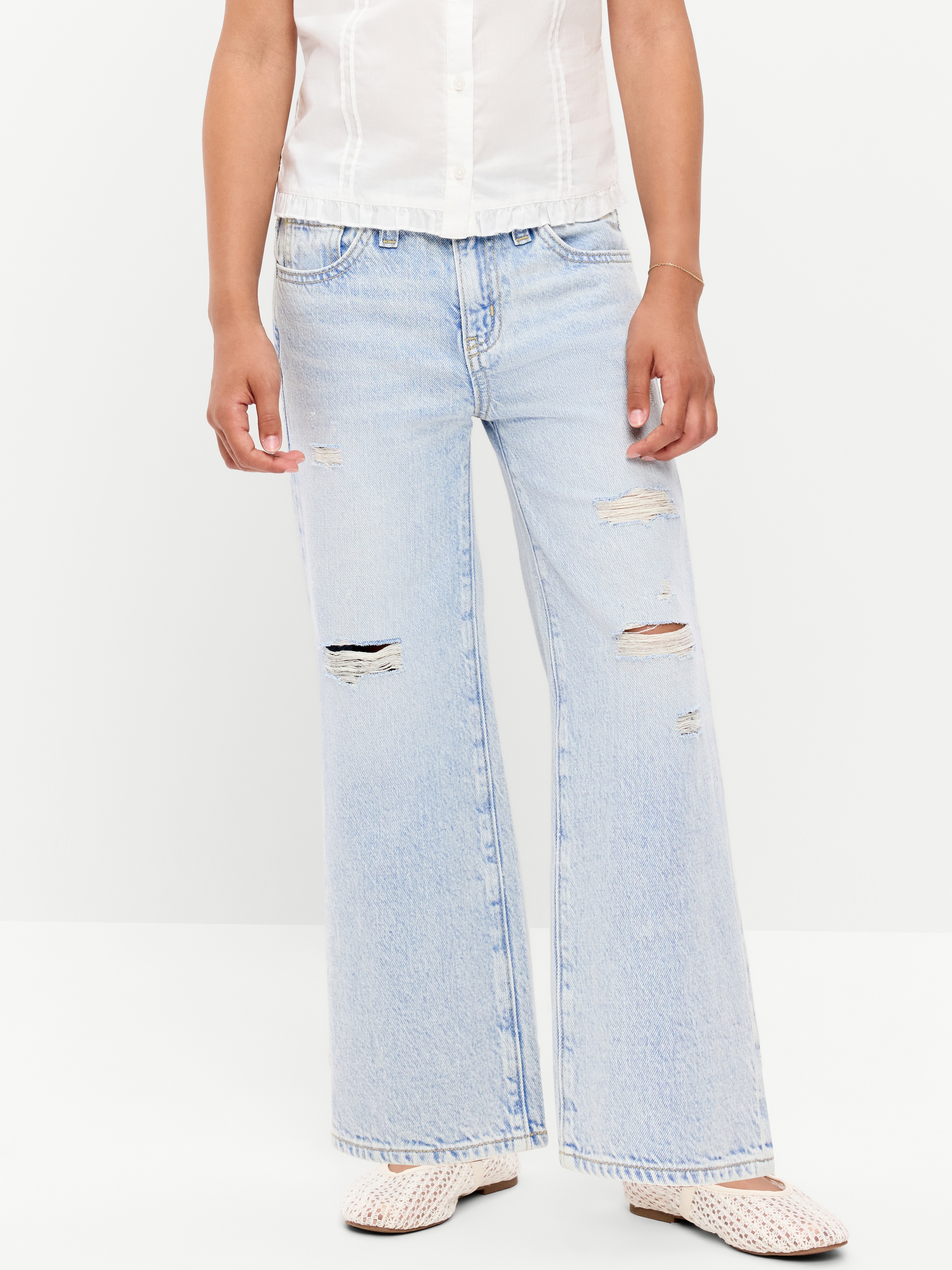 Printed High-Waisted Baggy Wide-Leg Jeans for Girls - Light Wash (Ripped) - 1