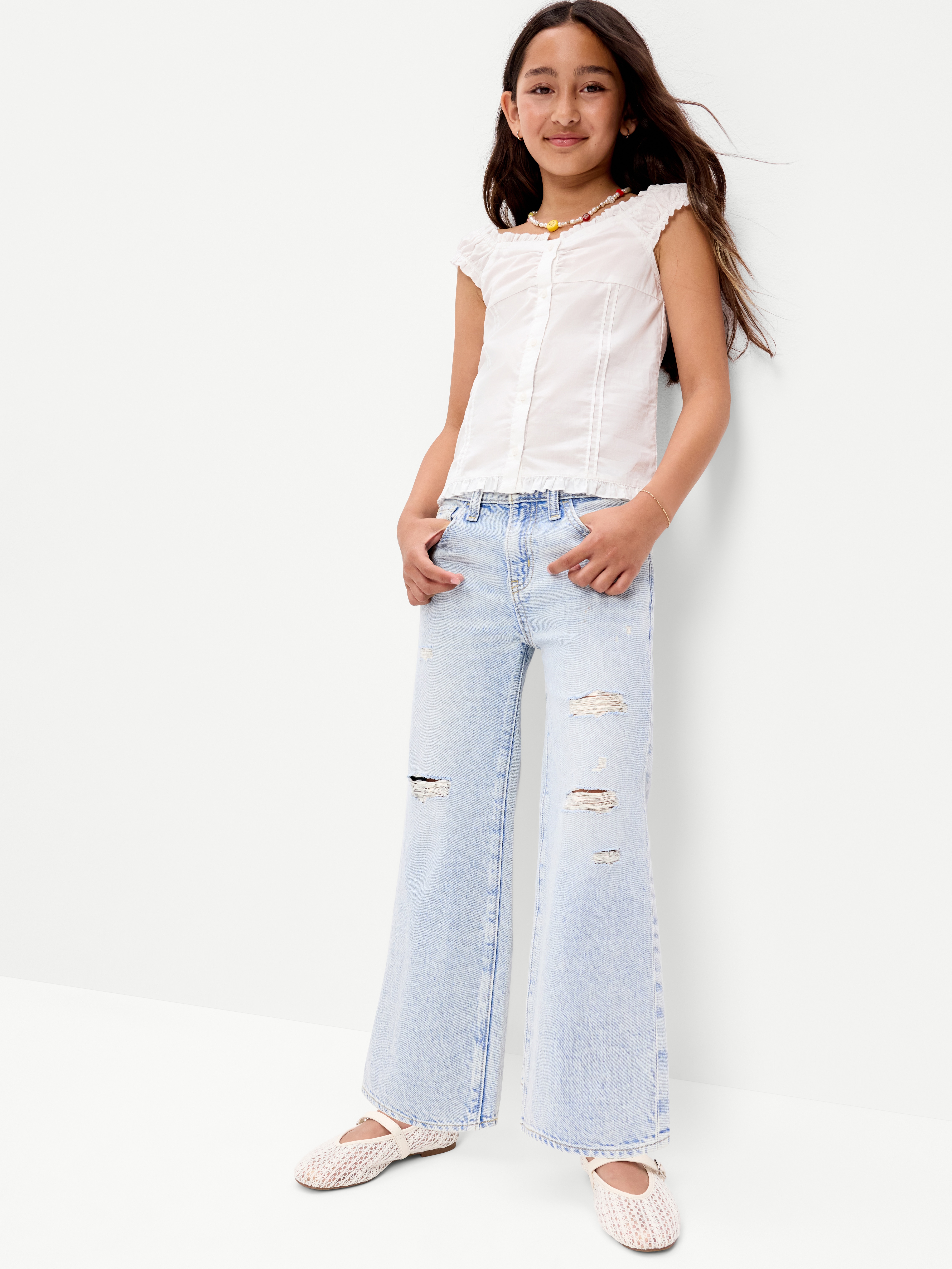 Printed High-Waisted Baggy Wide-Leg Jeans for Girls - Light Wash (Ripped) - 3