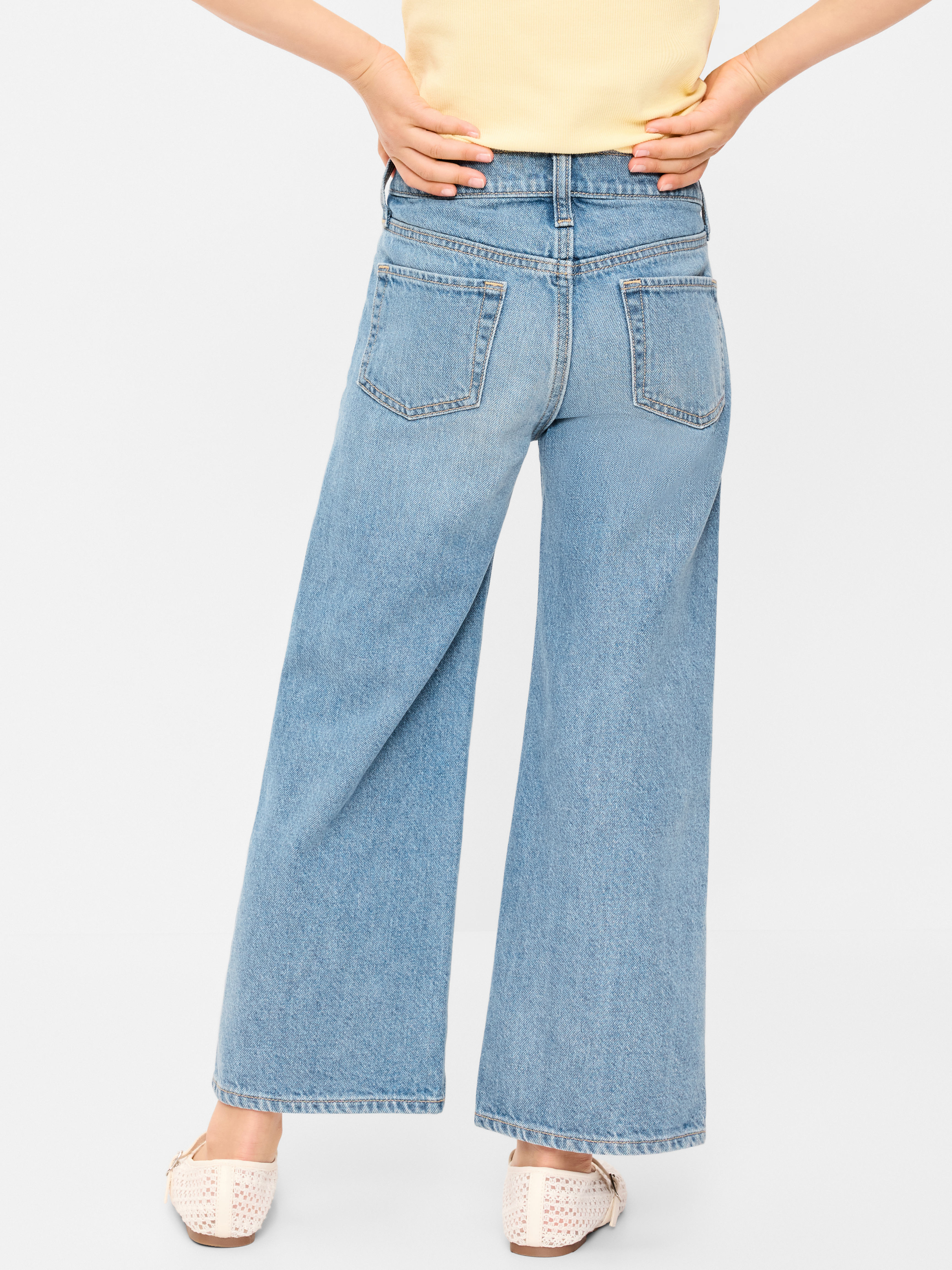 Printed High-Waisted Baggy Wide-Leg Jeans for Girls - Light Wash (Hearts) - 2