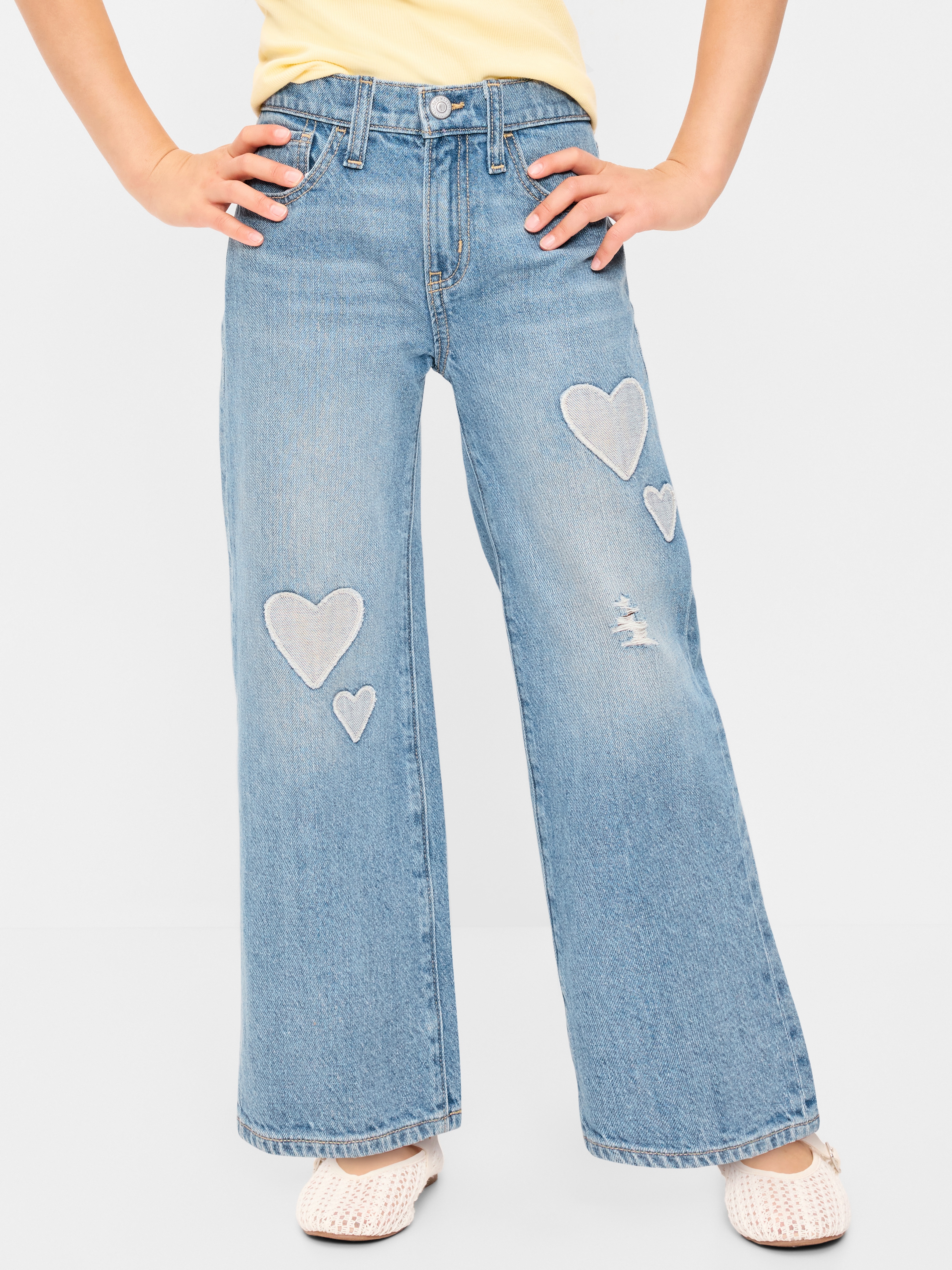 Printed High-Waisted Baggy Wide-Leg Jeans for Girls - Light Wash (Hearts) - 1