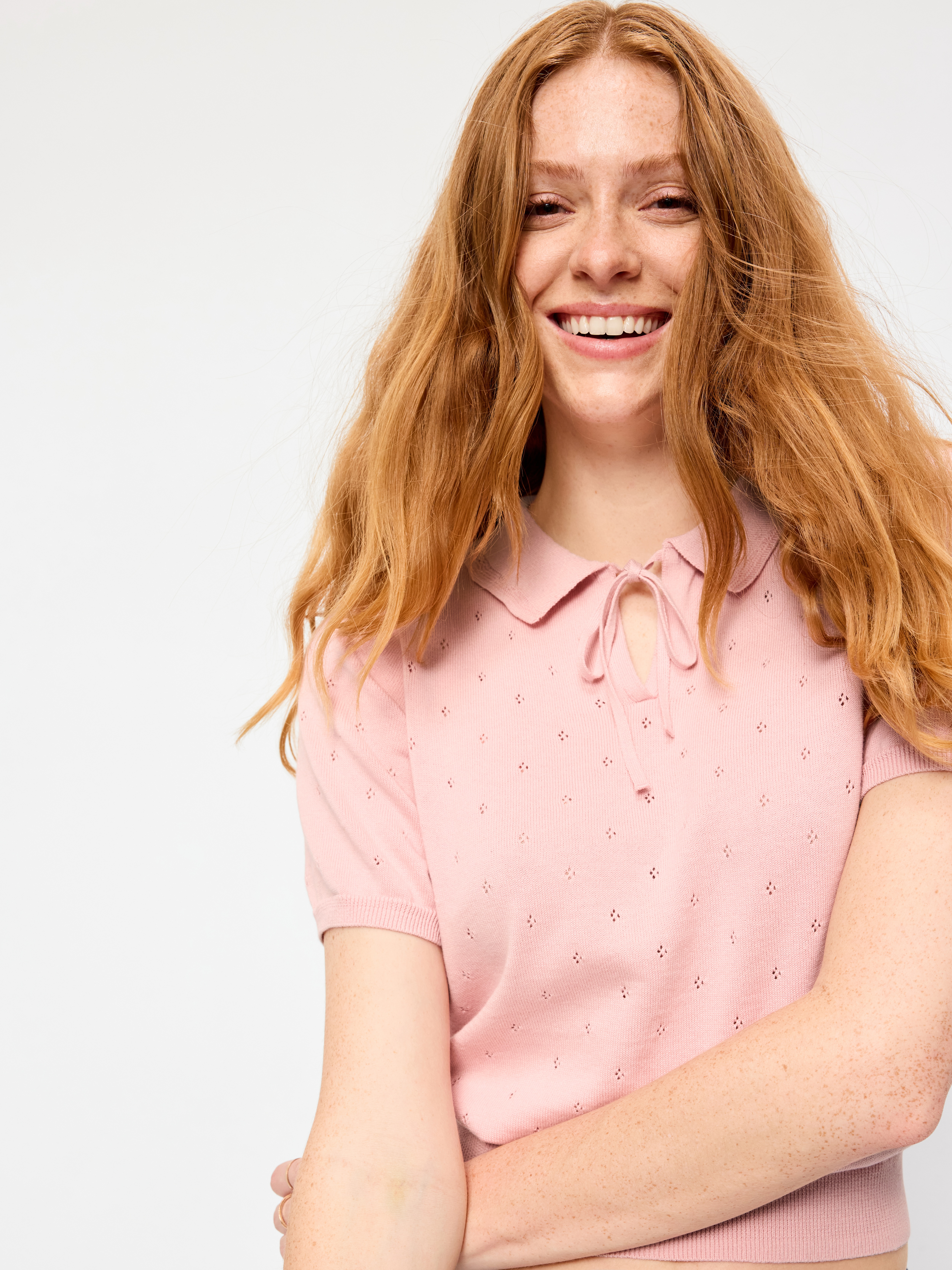 Tie-Front Seaside Cotton Pointelle Cropped Polo - Abalone Pink - 3