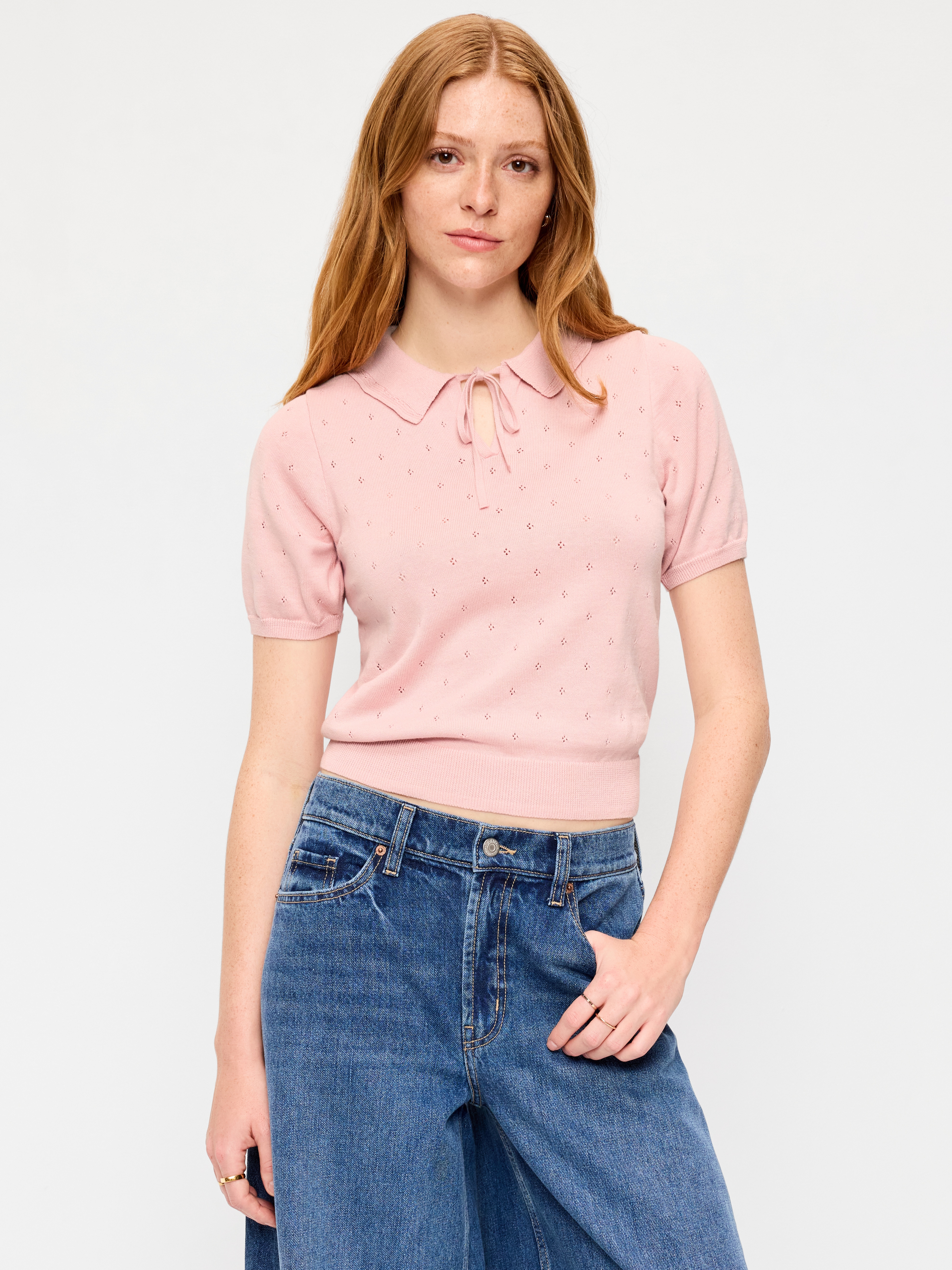 Tie-Front Seaside Cotton Pointelle Cropped Polo - Abalone Pink - 1