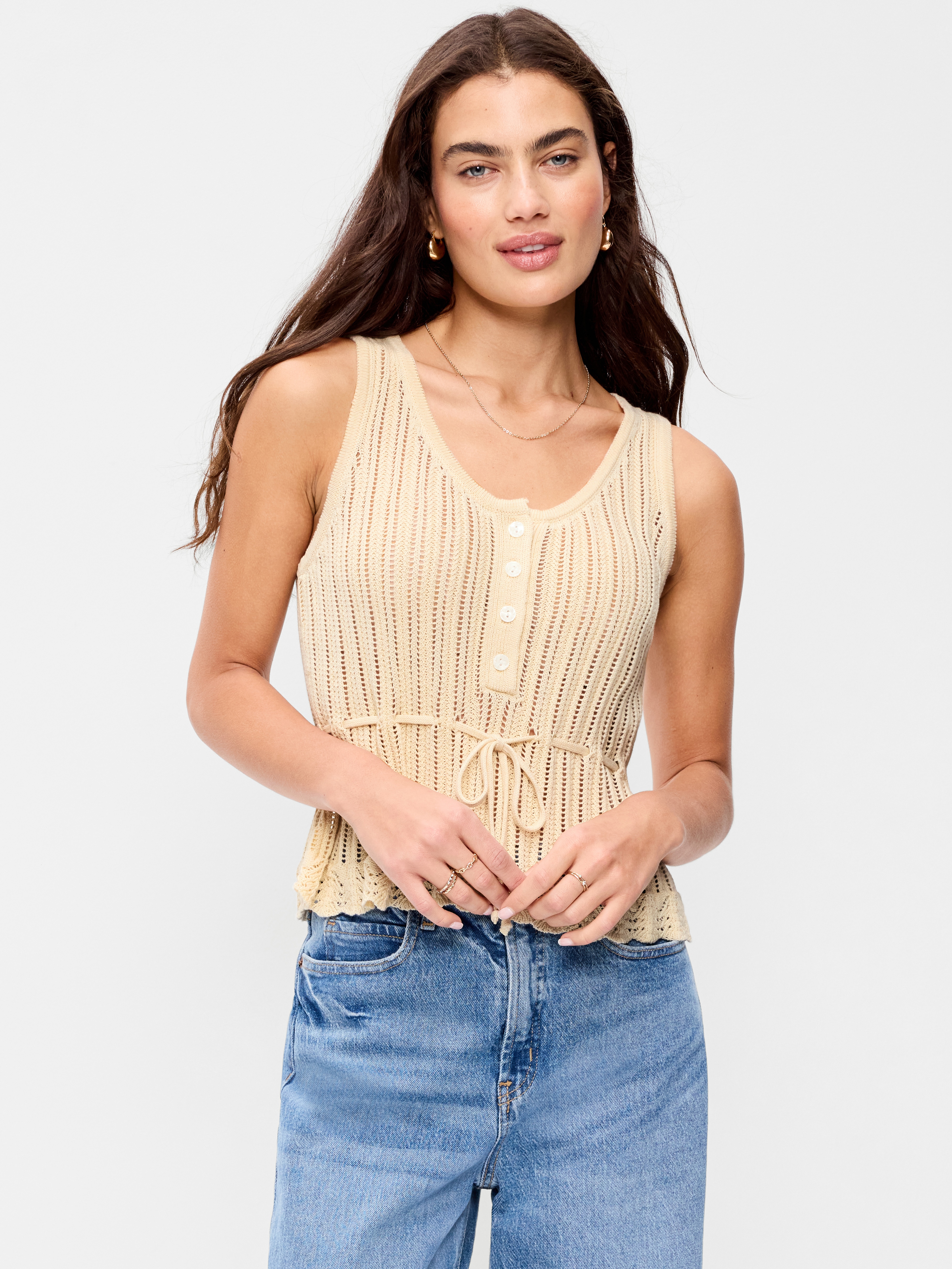 Seaside Cotton Pointelle Peplum Tank Top - Cozy Cashmere - 1