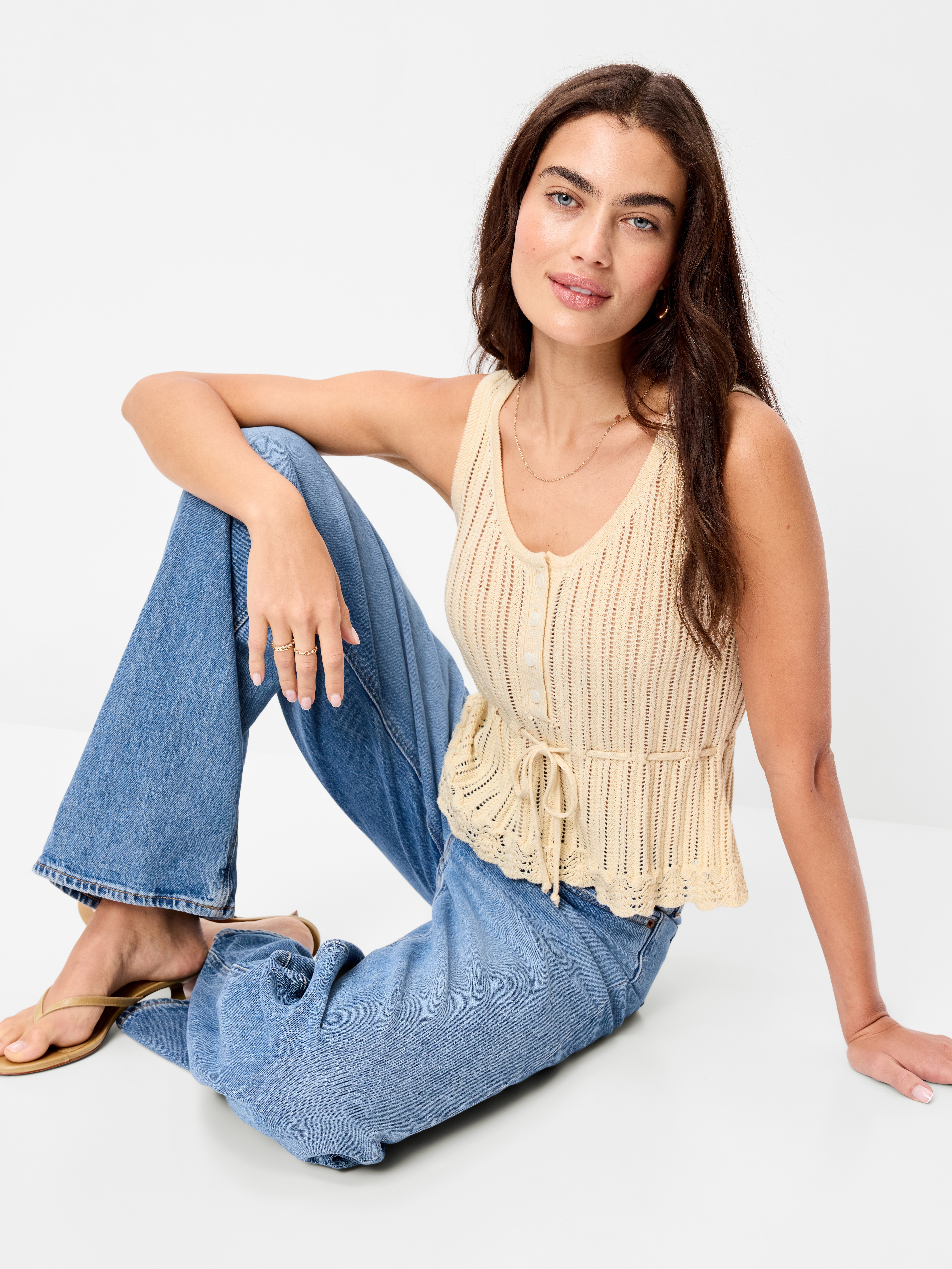 Seaside Cotton Pointelle Peplum Tank Top - Cozy Cashmere - 3