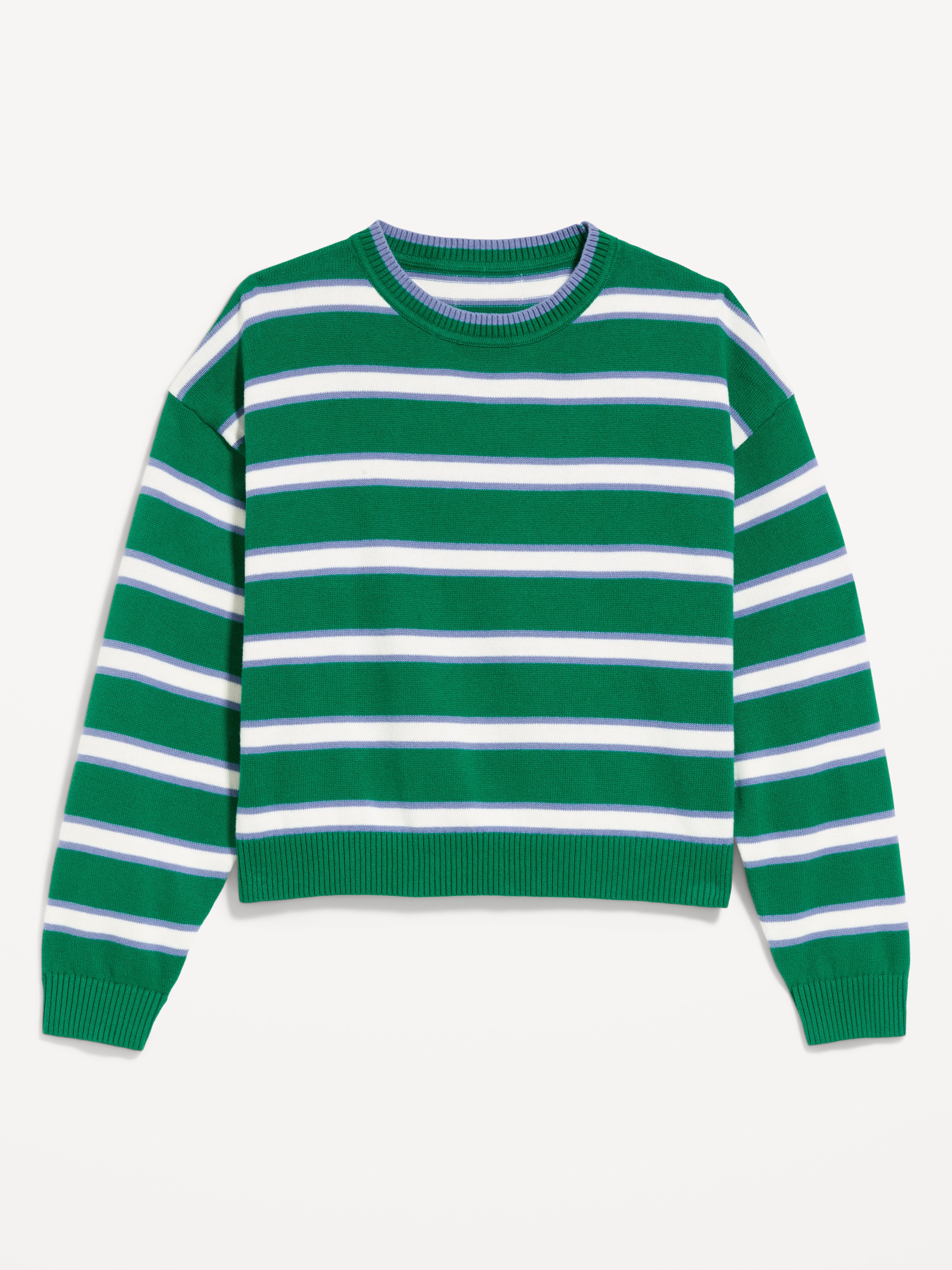 Cotton-Blend Crew-Neck Cropped Sweater - Green Stripe - 4