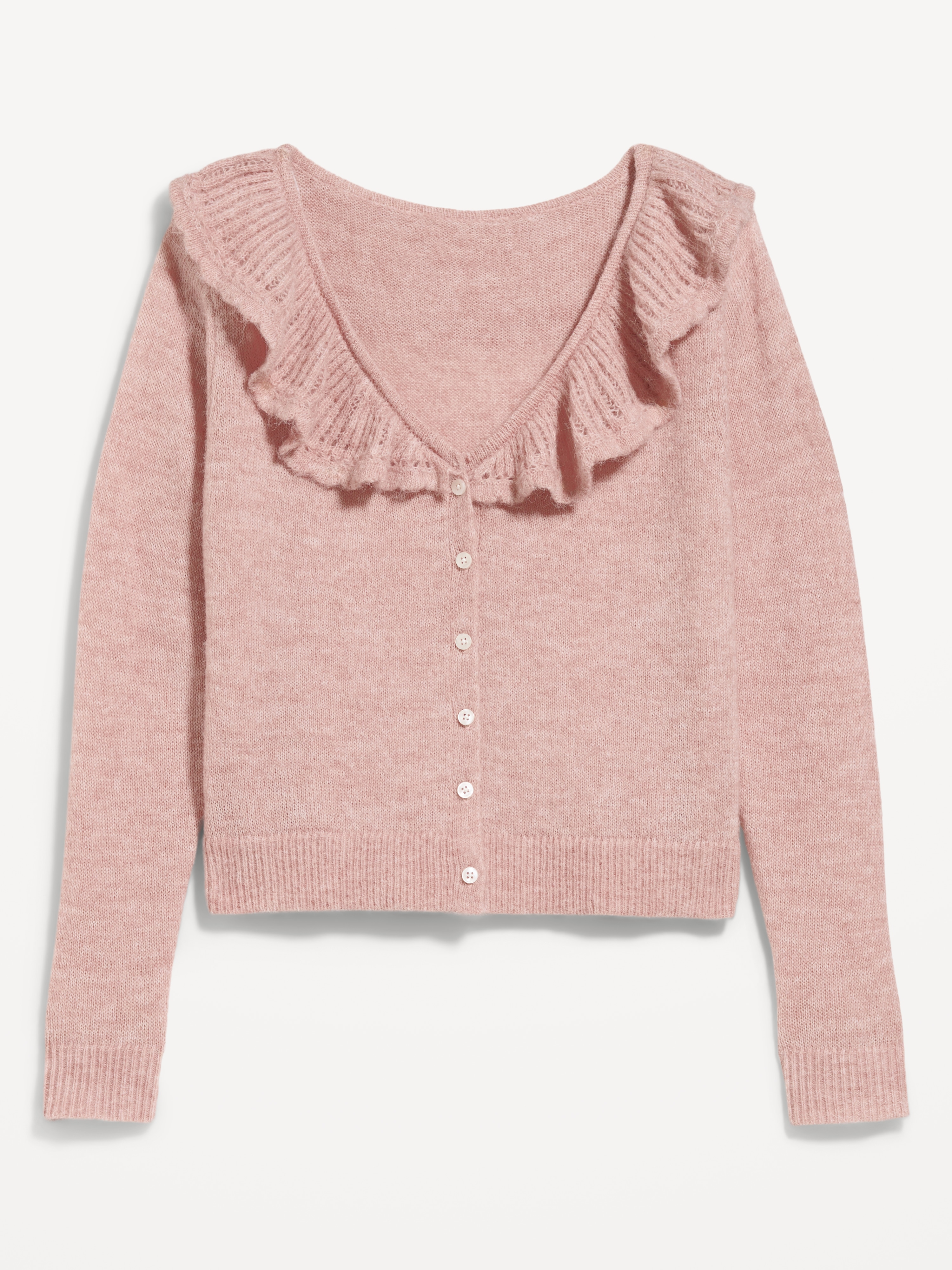 Ruffle-Collar Wool-Blend Pointelle Cardigan - Powder Pink - 4