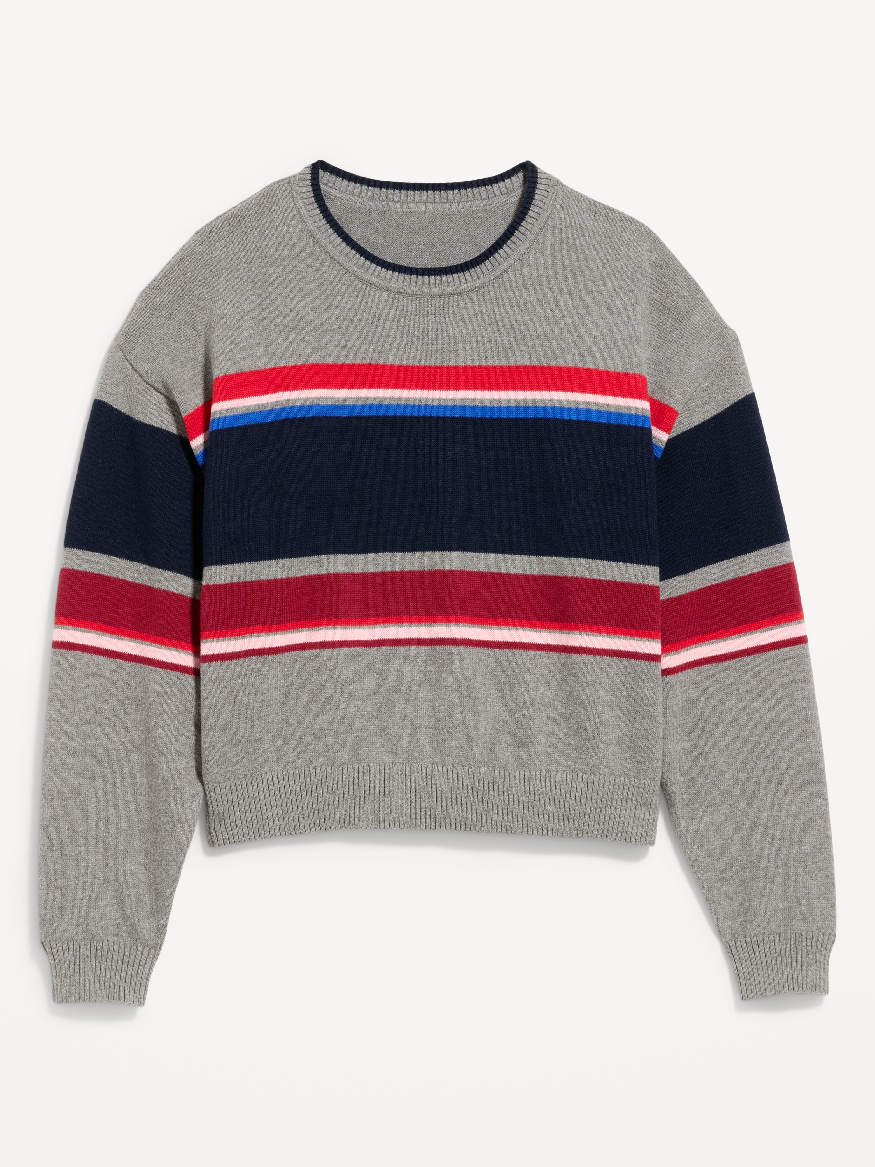 Cotton-Blend Crew-Neck Cropped Sweater - Gray Stripe - 4