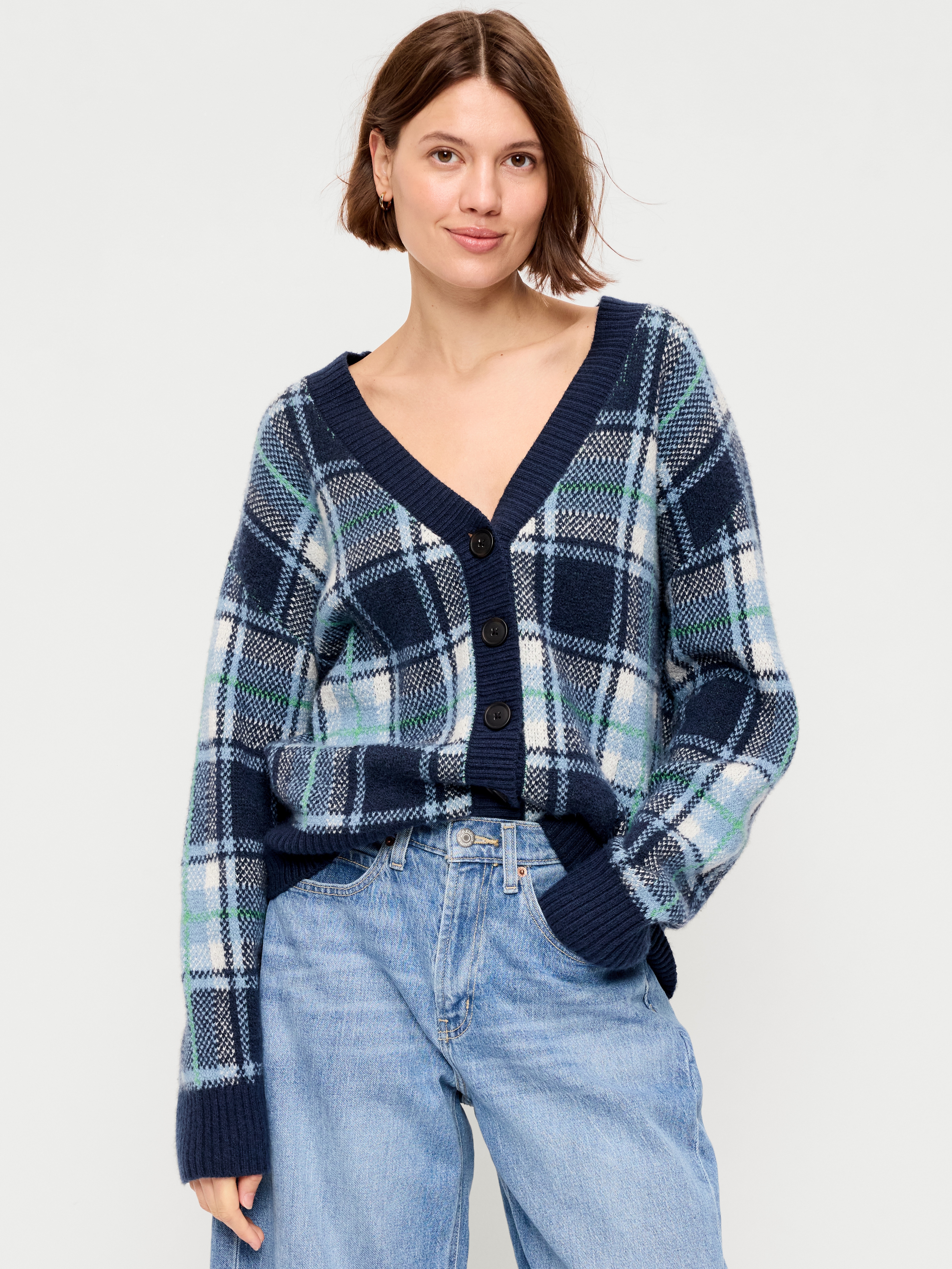 SoSoft V-Neck Cardigan Sweater - Blue Plaid - 1