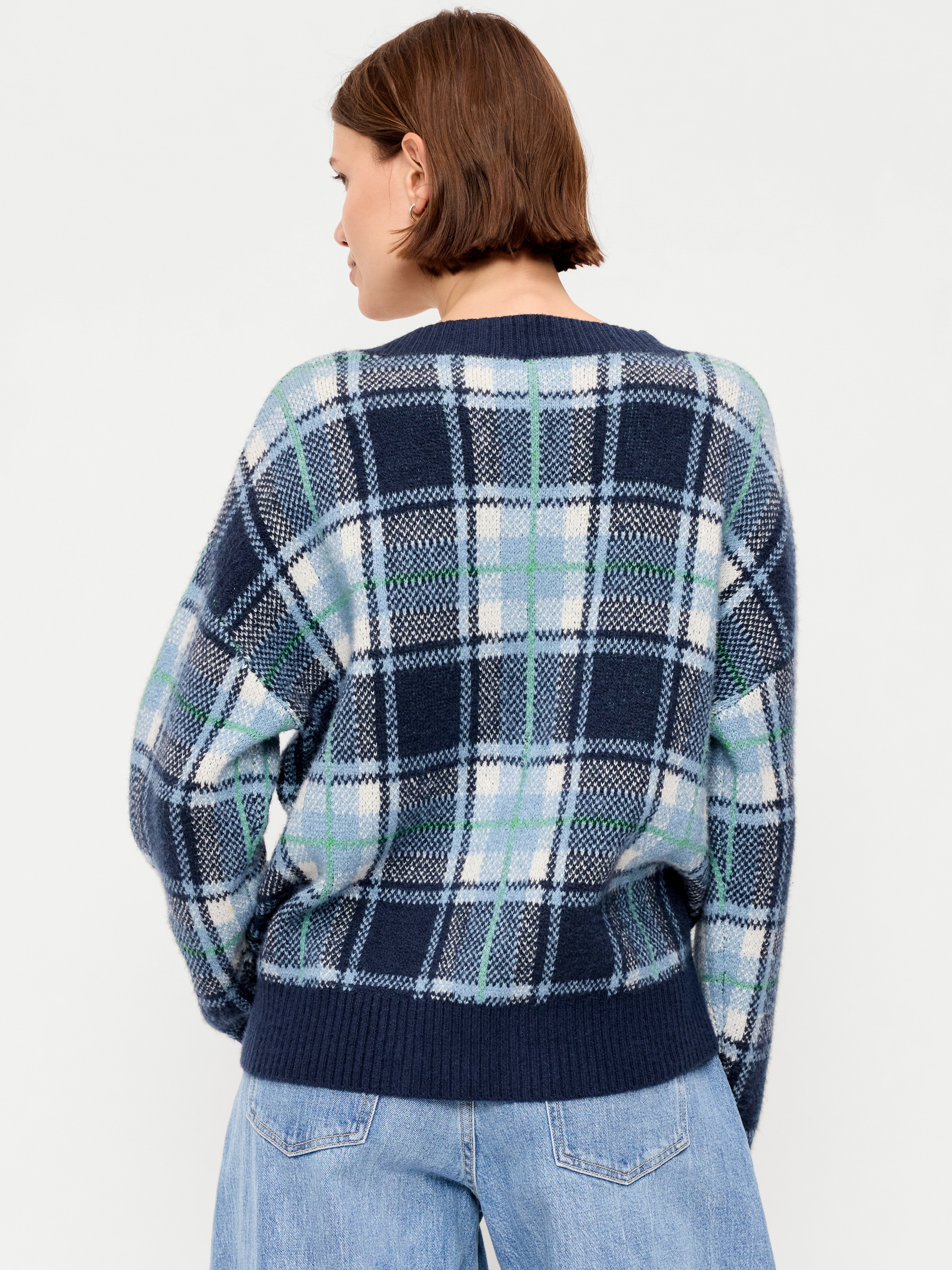SoSoft V-Neck Cardigan Sweater - Blue Plaid - 2