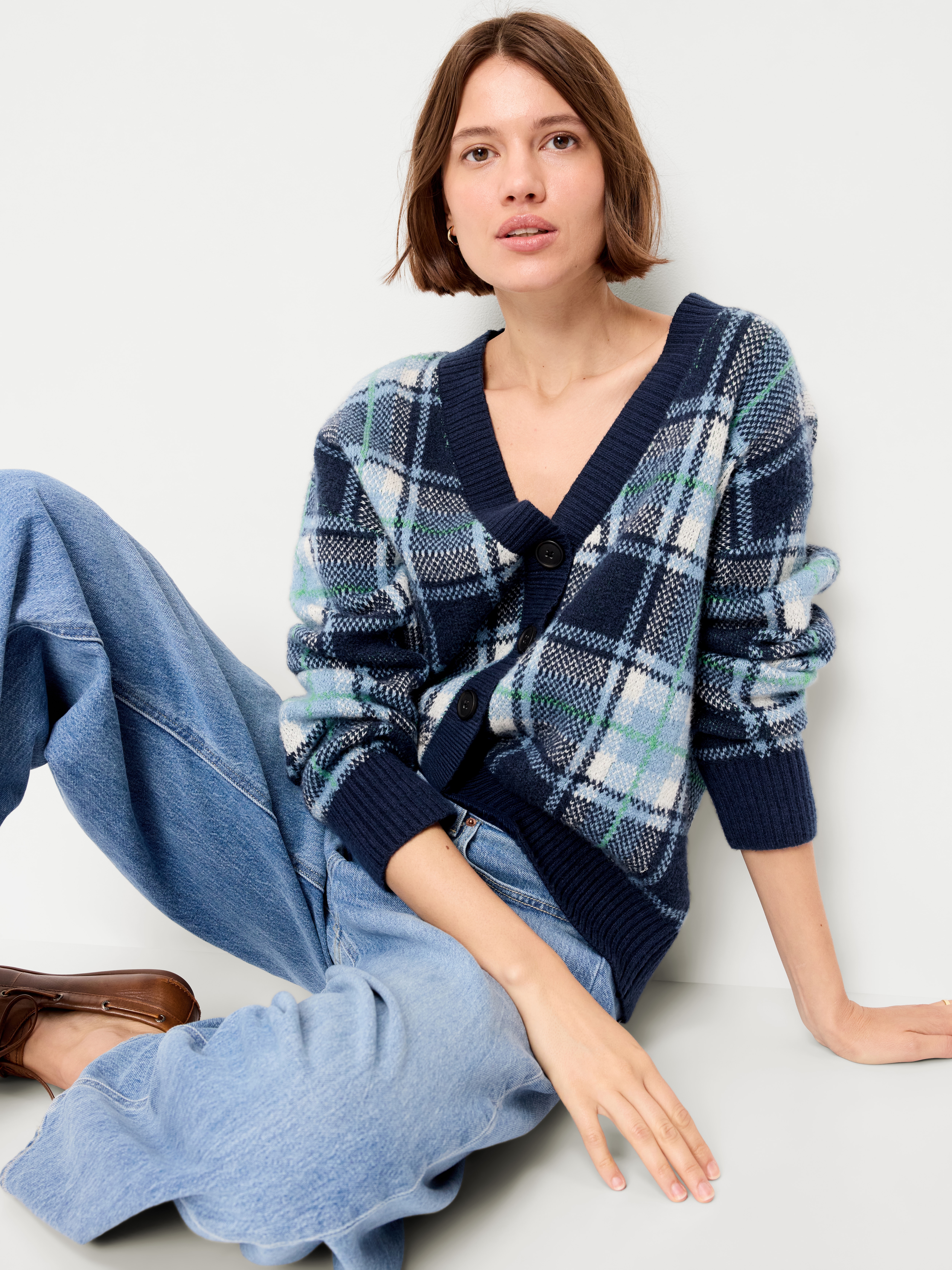 SoSoft V-Neck Cardigan Sweater - Blue Plaid - 3
