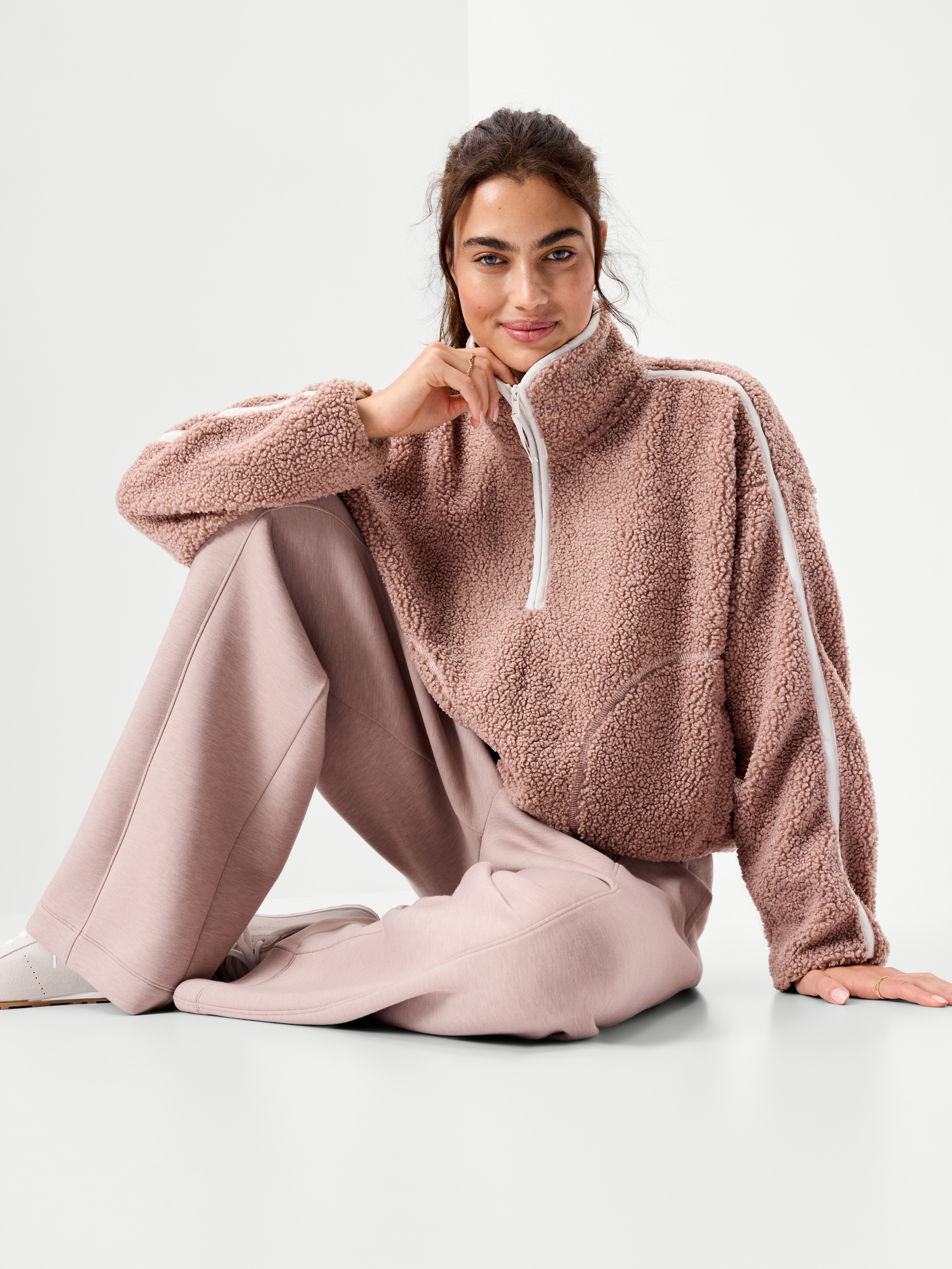 Loose Sherpa Quarter-Zip Pullover - Mocha - 3