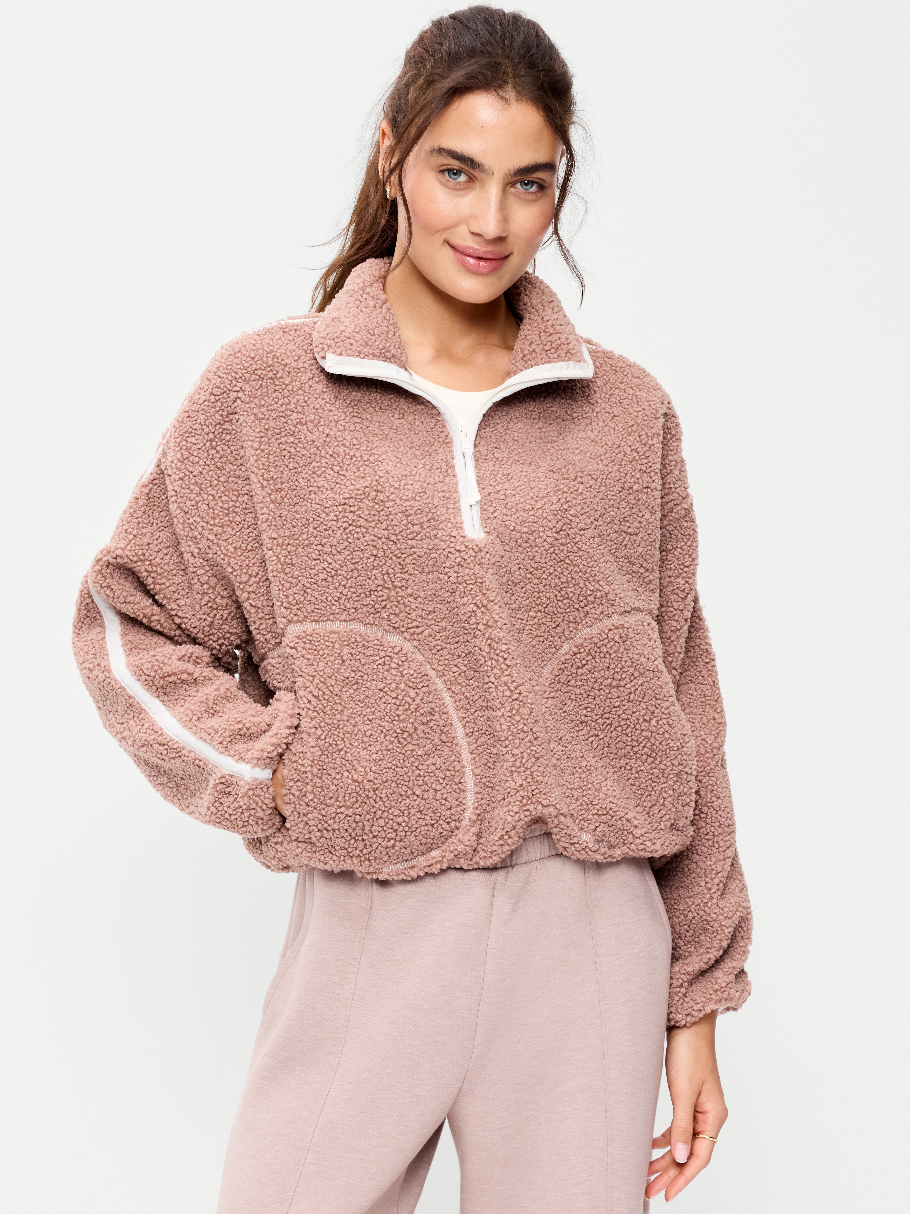 Loose Sherpa Quarter-Zip Pullover - Mocha - 1