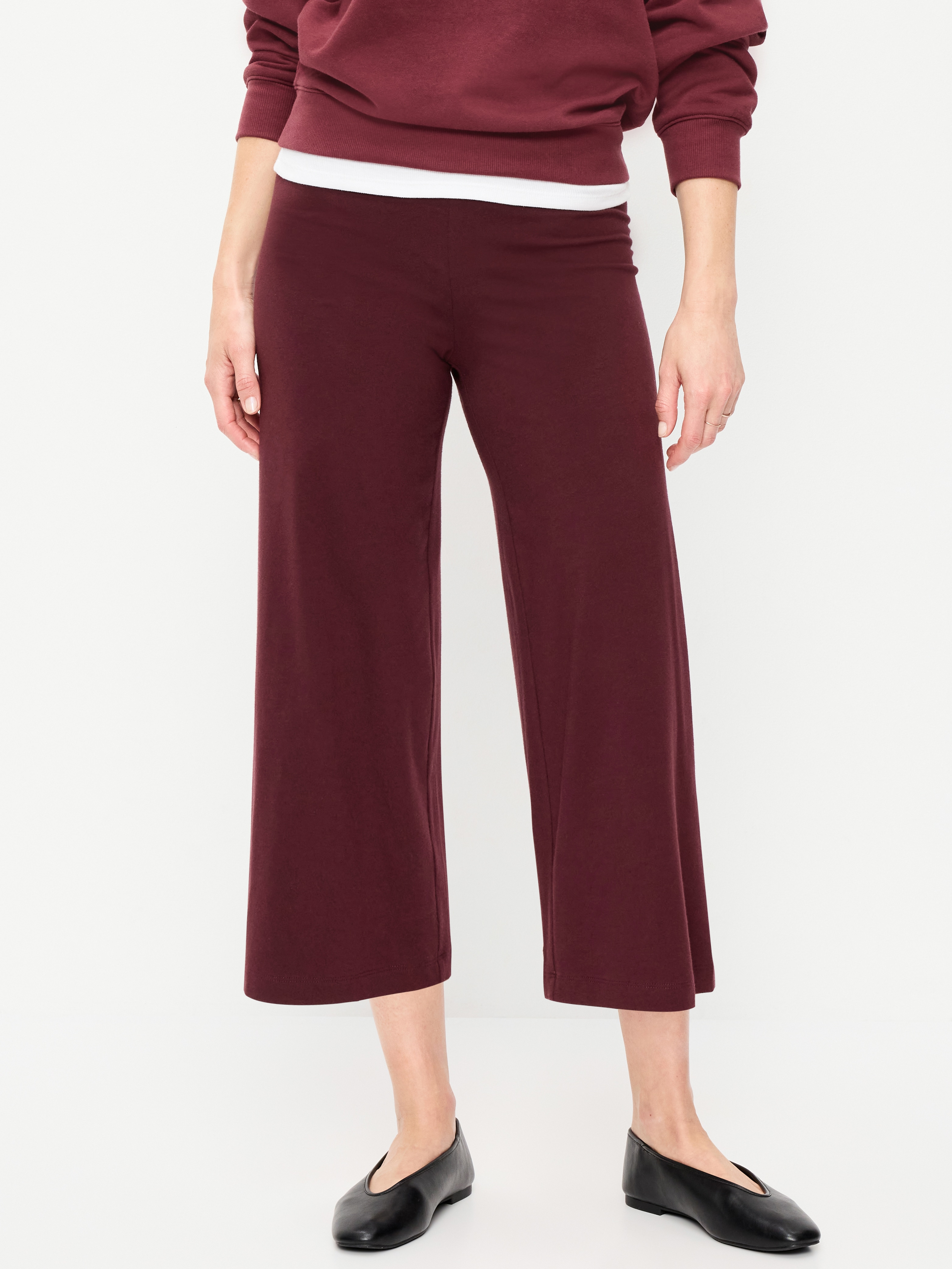 High-Waisted Fashion Wide-Leg Cropped Leggings - Red Raisin - 2