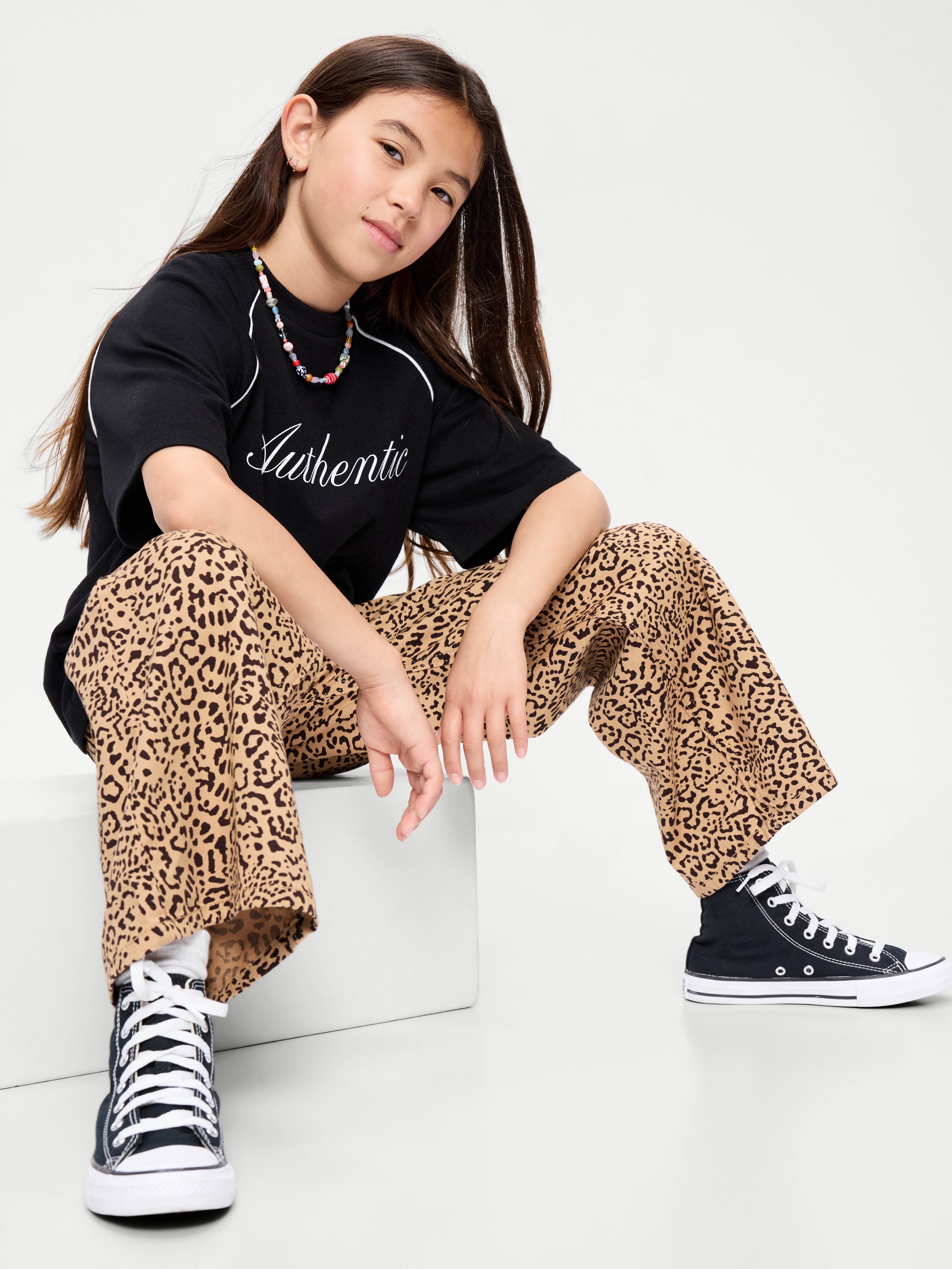 High-Waisted Pull-On Baggy Wide-Leg Jeans for Girls - Cheetah - 3