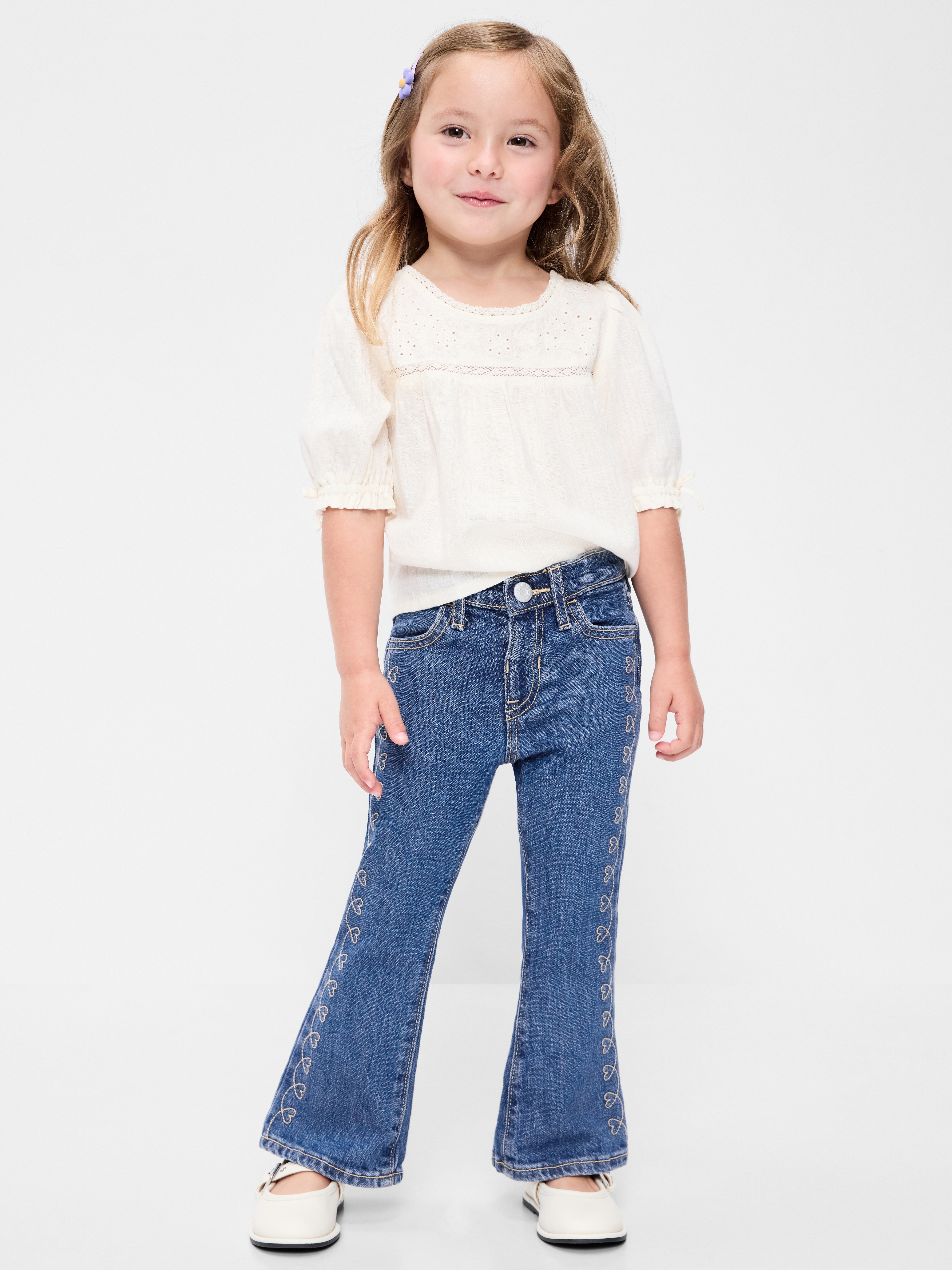 High-Waisted Embroidered Flare-Leg Jeans for Toddler Girls - Medium Wash - 1
