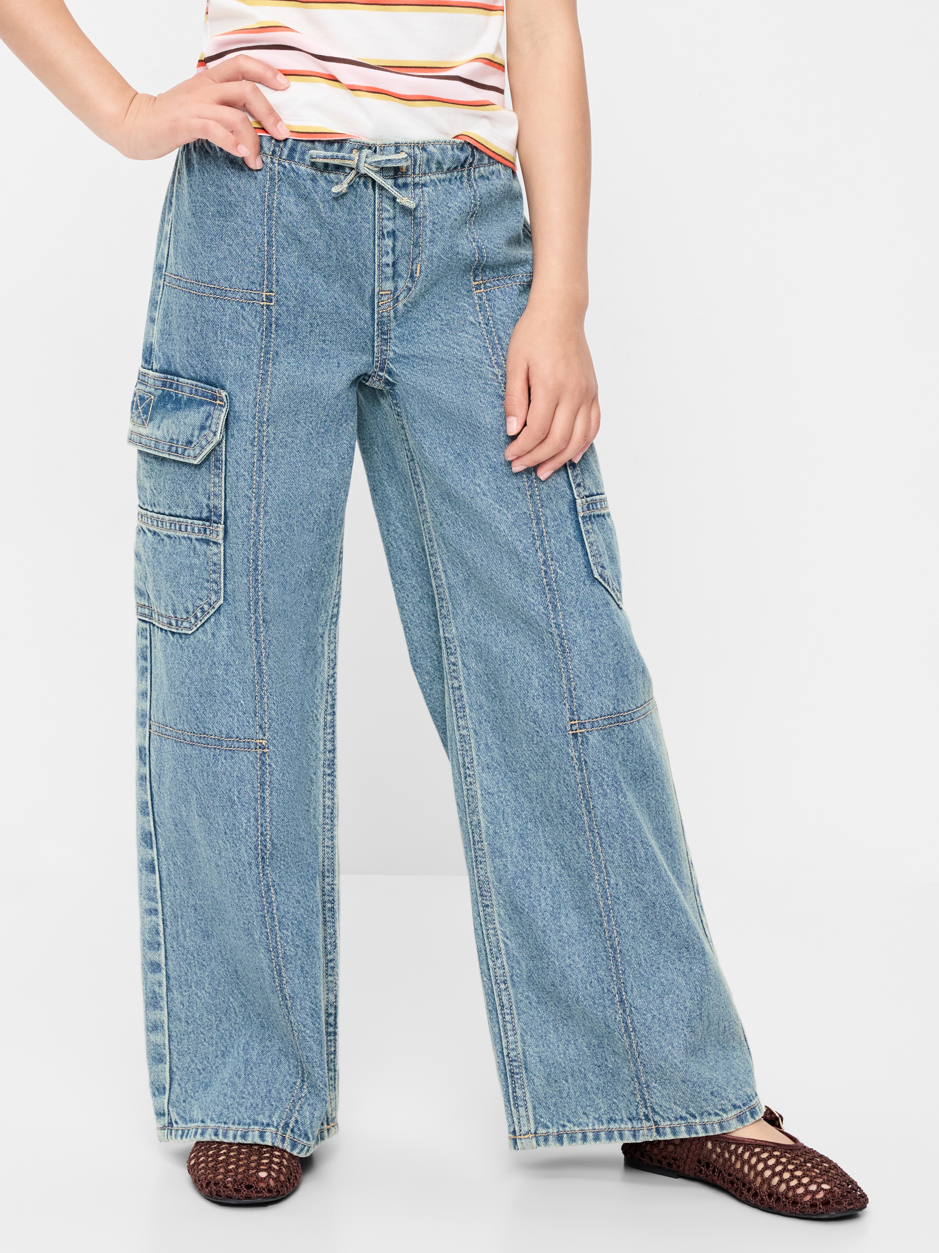 Pull-On Low-Rise Super Baggy Wide-Leg Cargo Jeans for Girls - Medium Wash - 1