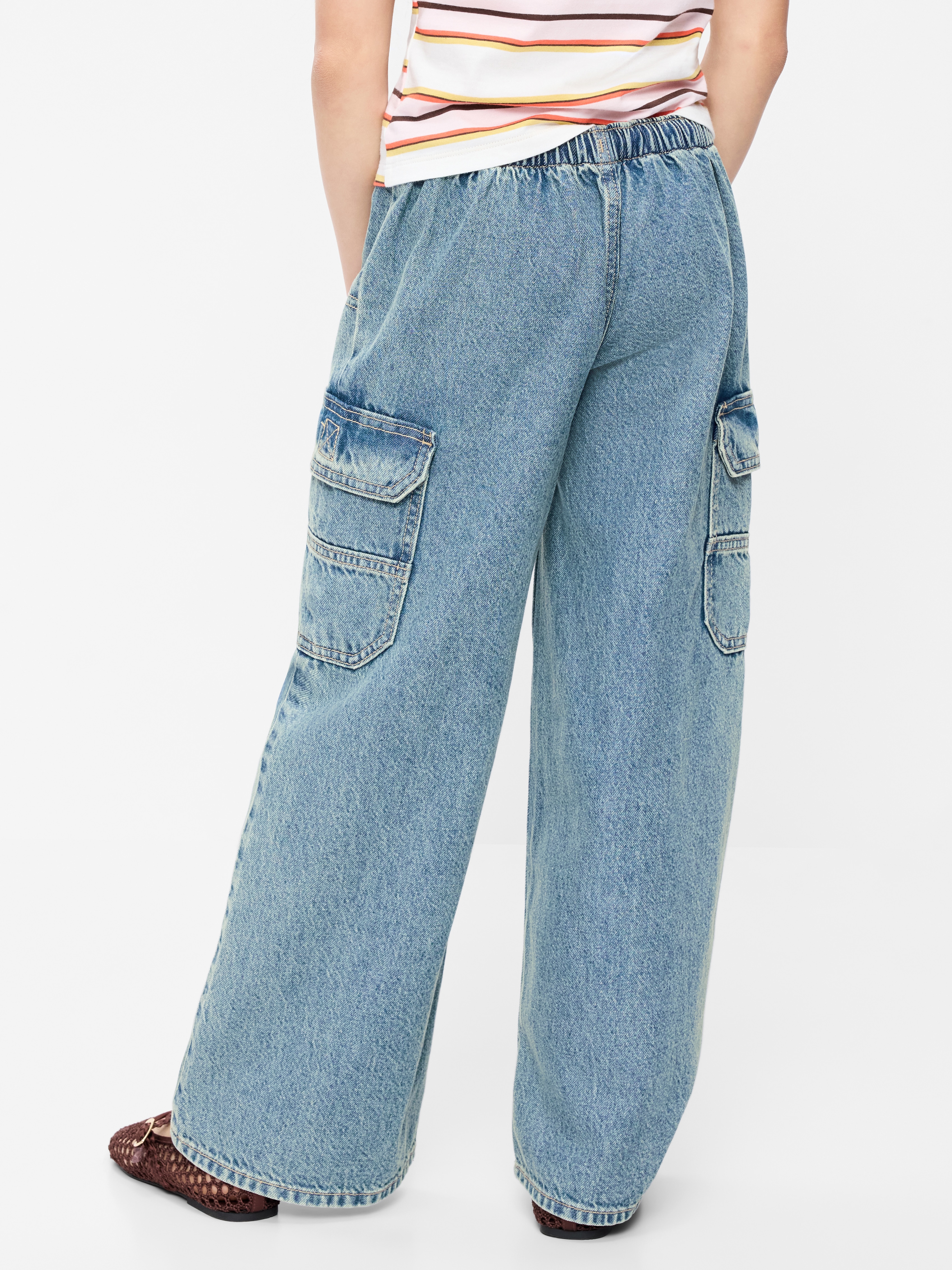 Pull-On Low-Rise Super Baggy Wide-Leg Cargo Jeans for Girls - Medium Wash - 2