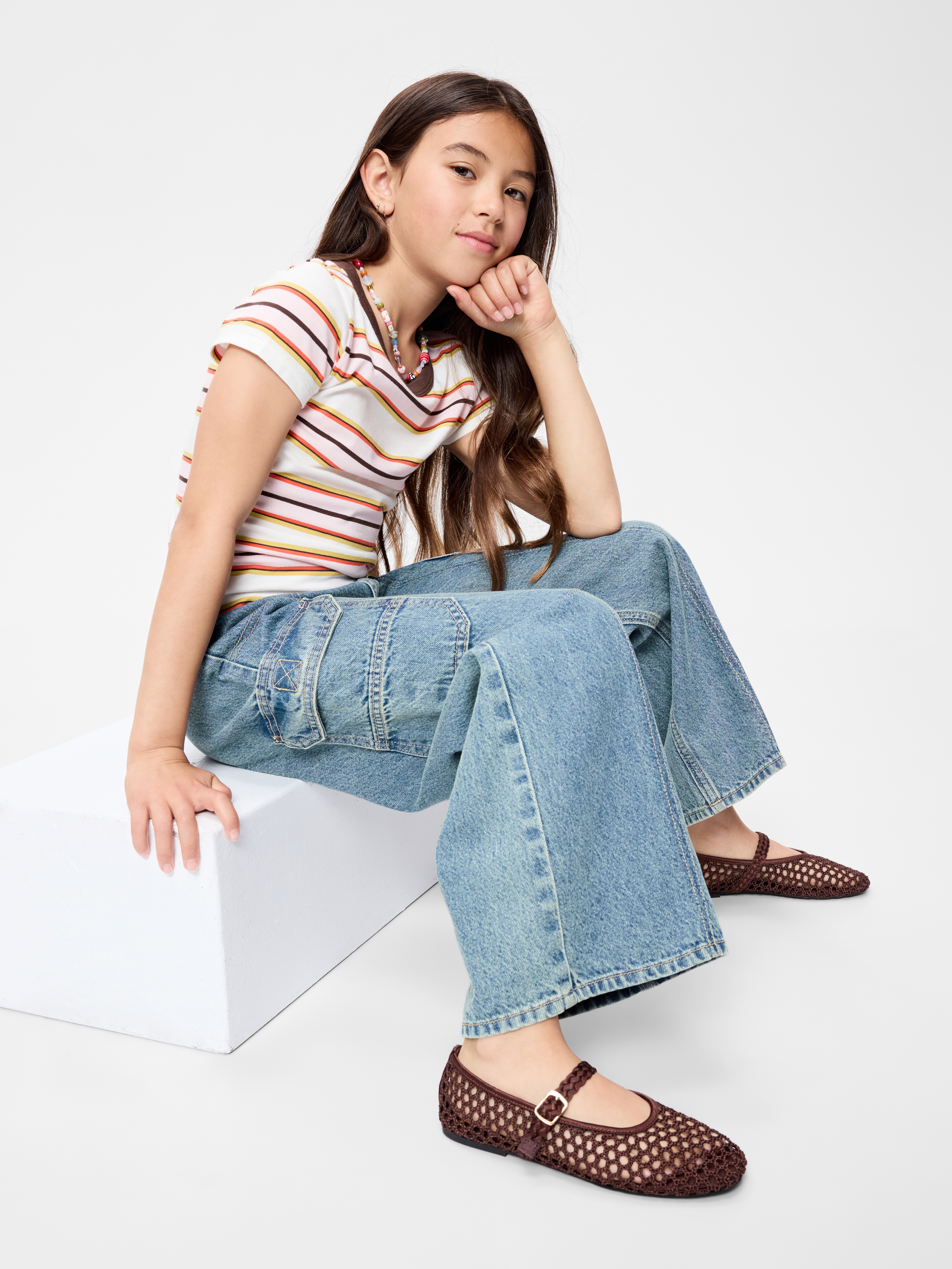 Pull-On Low-Rise Super Baggy Wide-Leg Cargo Jeans for Girls - Medium Wash - 3
