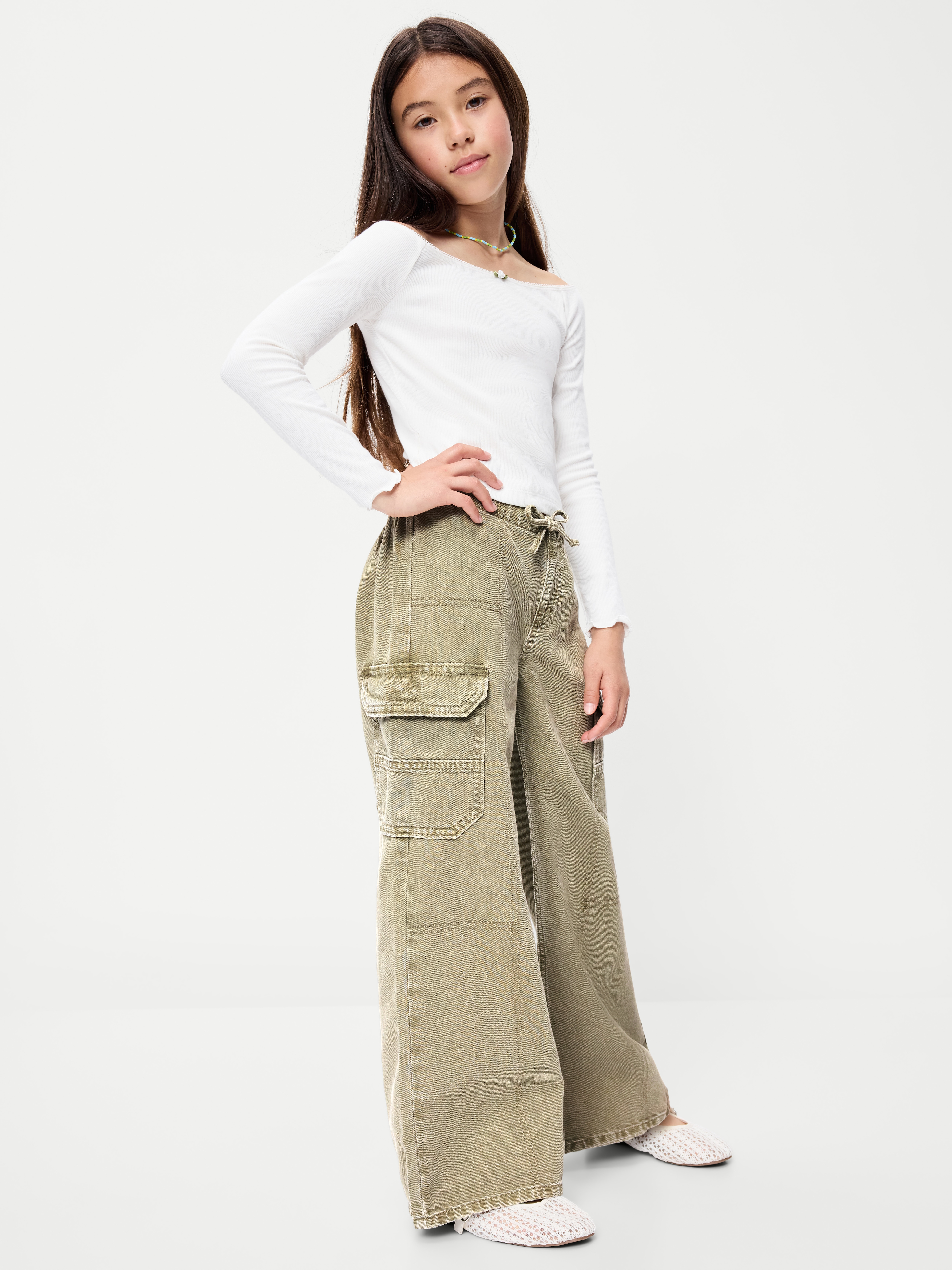 Pull-On Low-Rise Super Baggy Wide-Leg Cargo Jeans for Girls - Olive - 3