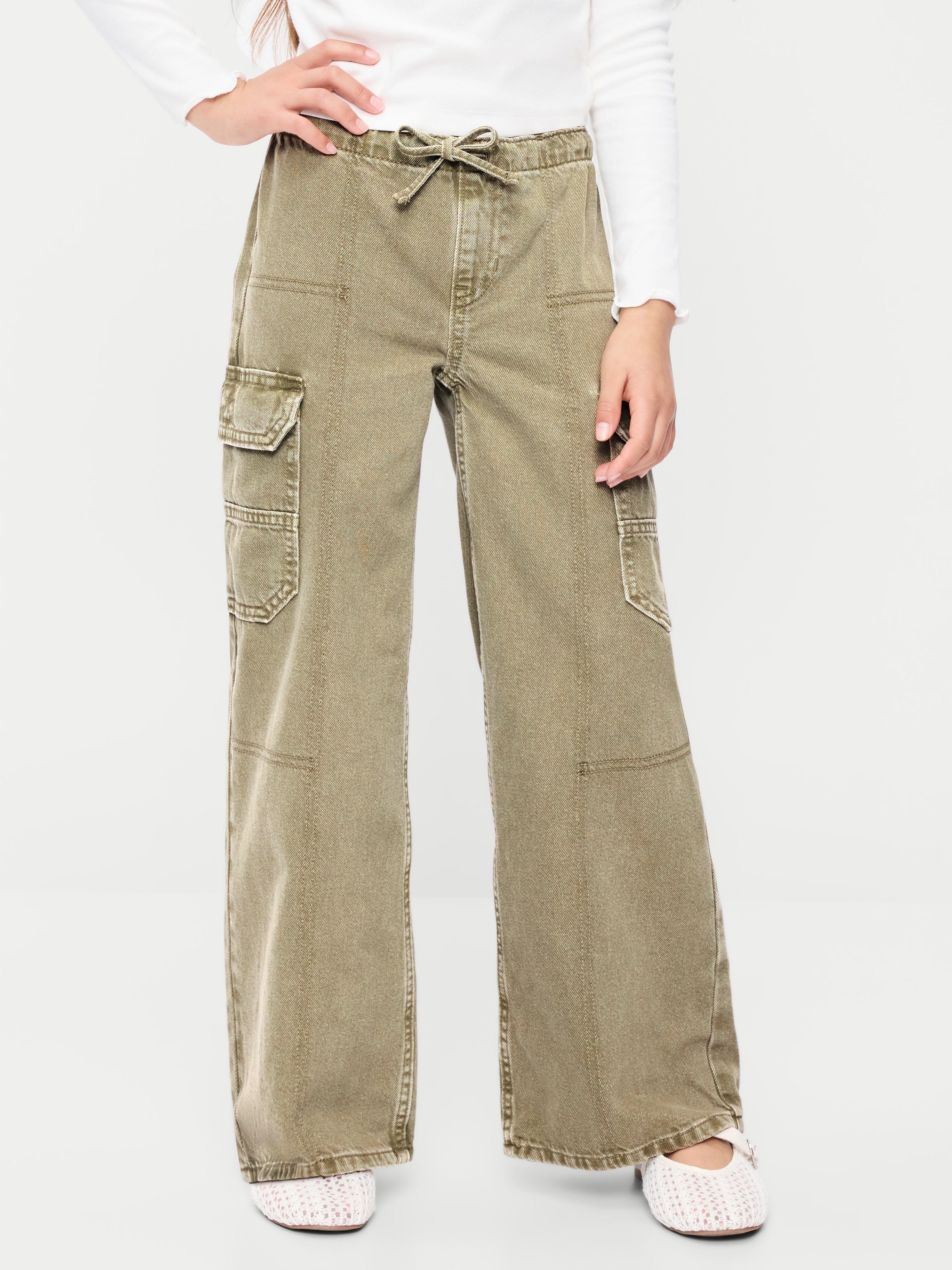 Pull-On Low-Rise Super Baggy Wide-Leg Cargo Jeans for Girls - Olive - 1