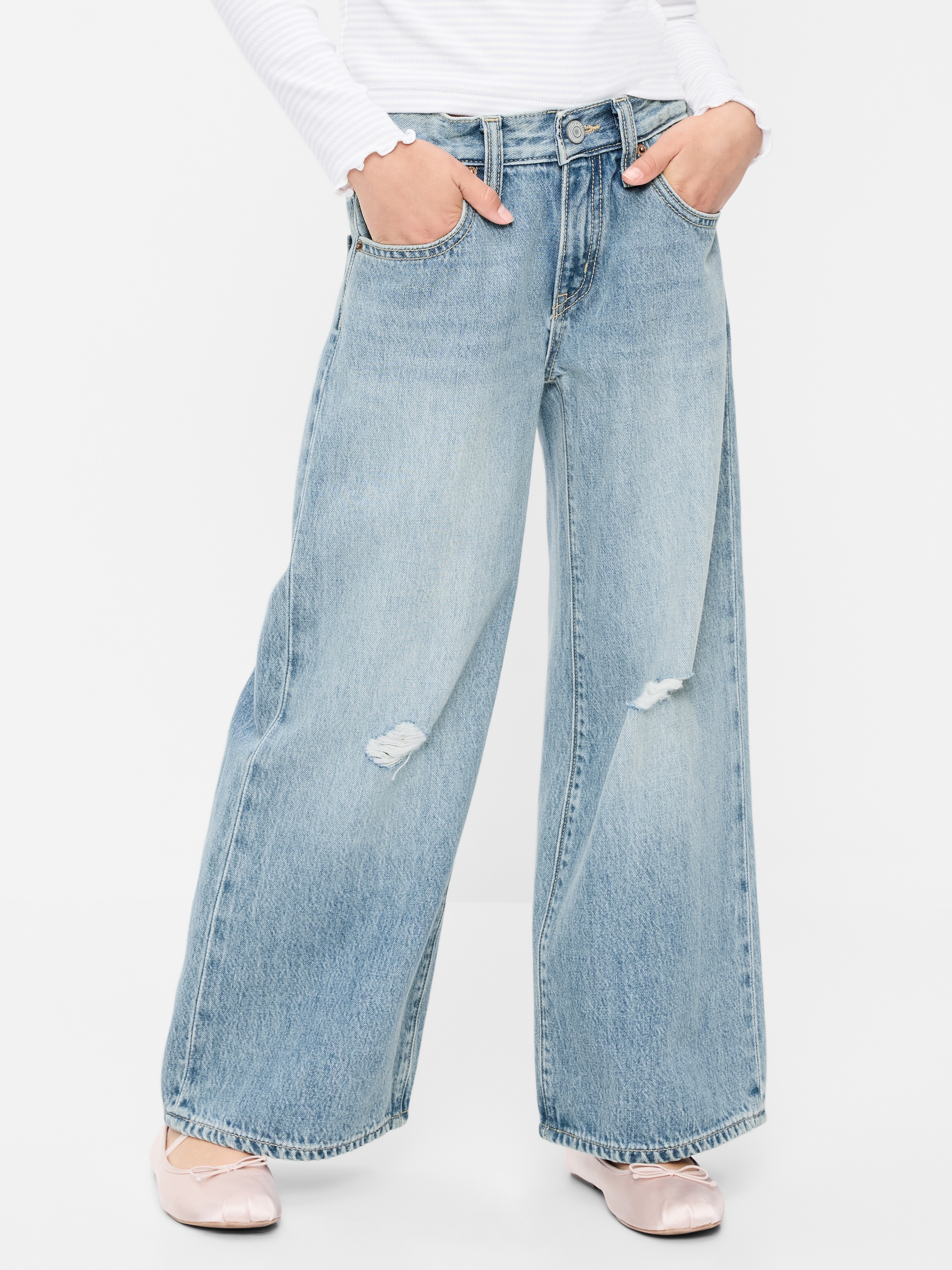 Super Baggy Wide-Leg Embroidered Jeans for Girls - Light Wash - 1