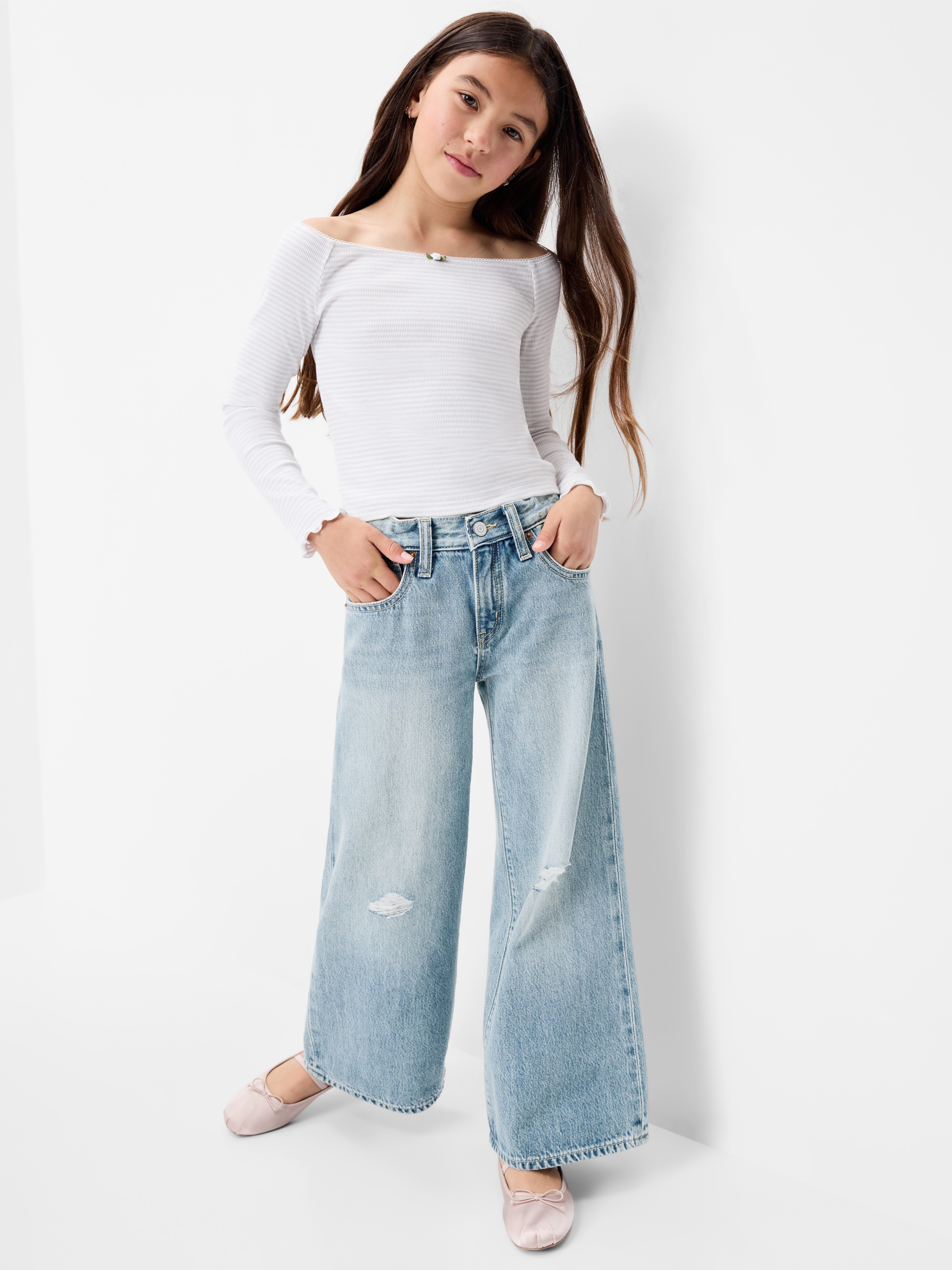 Super Baggy Wide-Leg Embroidered Jeans for Girls - Light Wash - 3