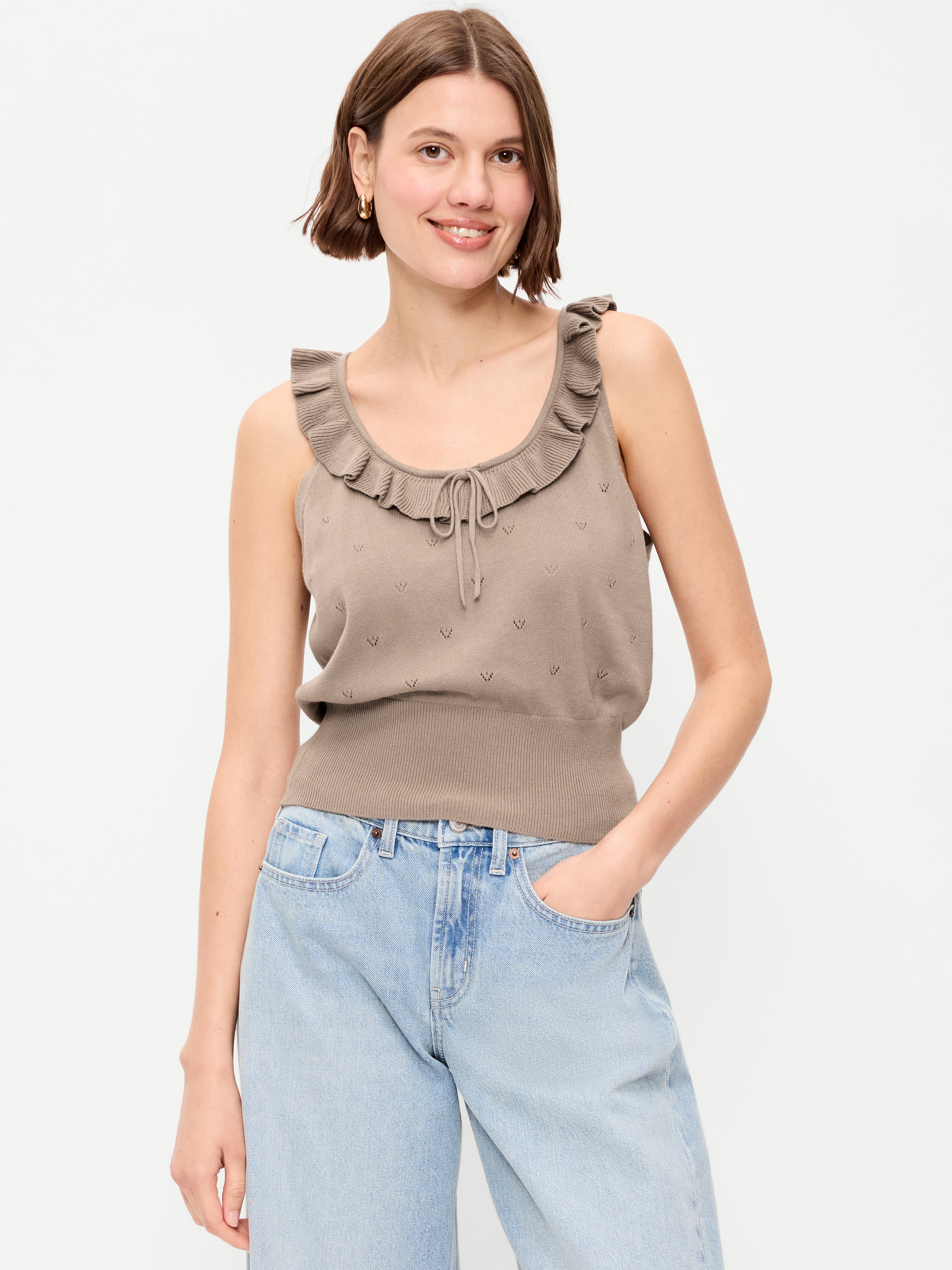 SoSoft Cotton Tie-Front Pointelle Tank Top - Chocolate Malt - 1