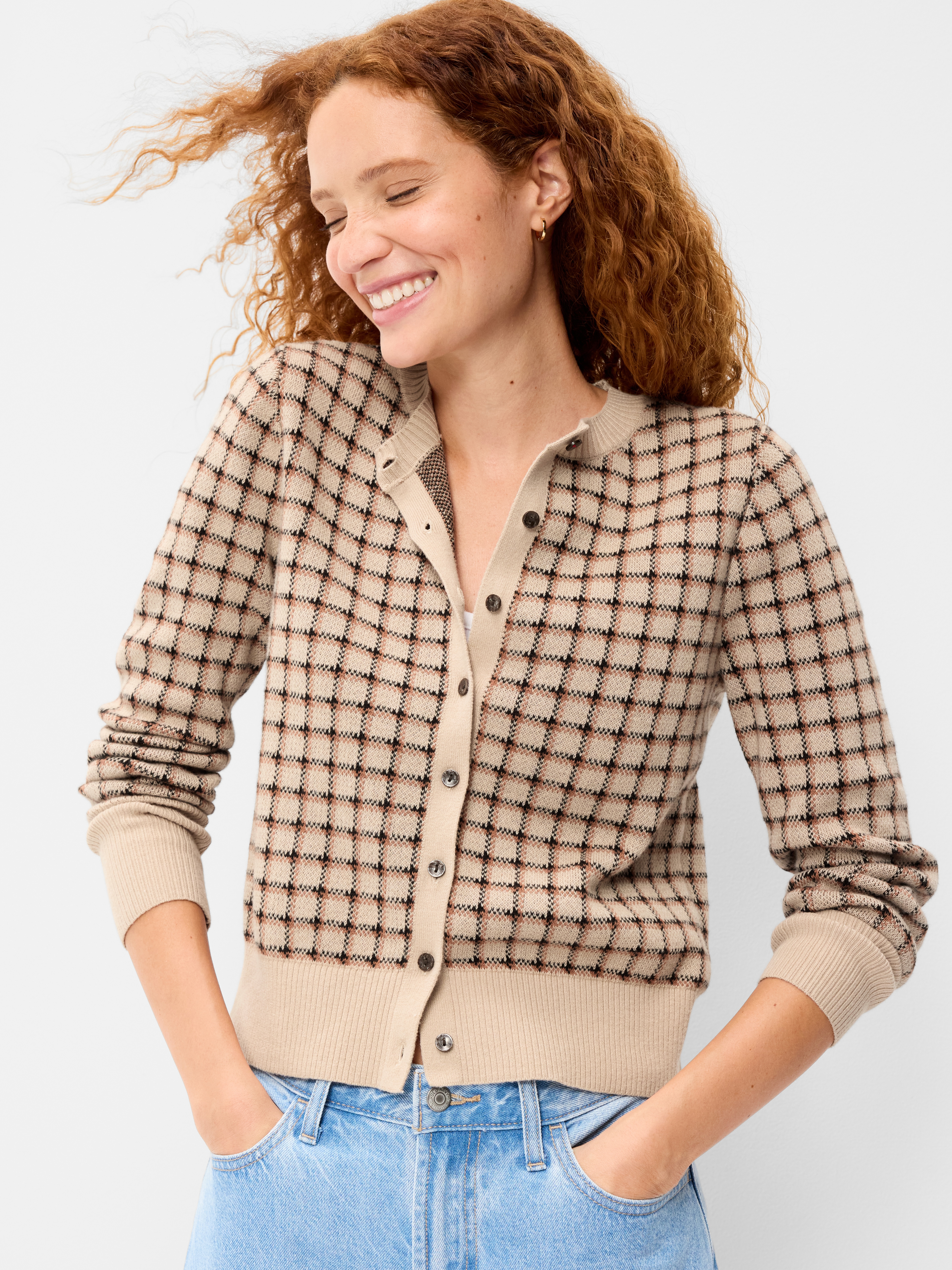 SoSoft Cropped Crew-Neck Cardigan - Neutral Plaid - 1