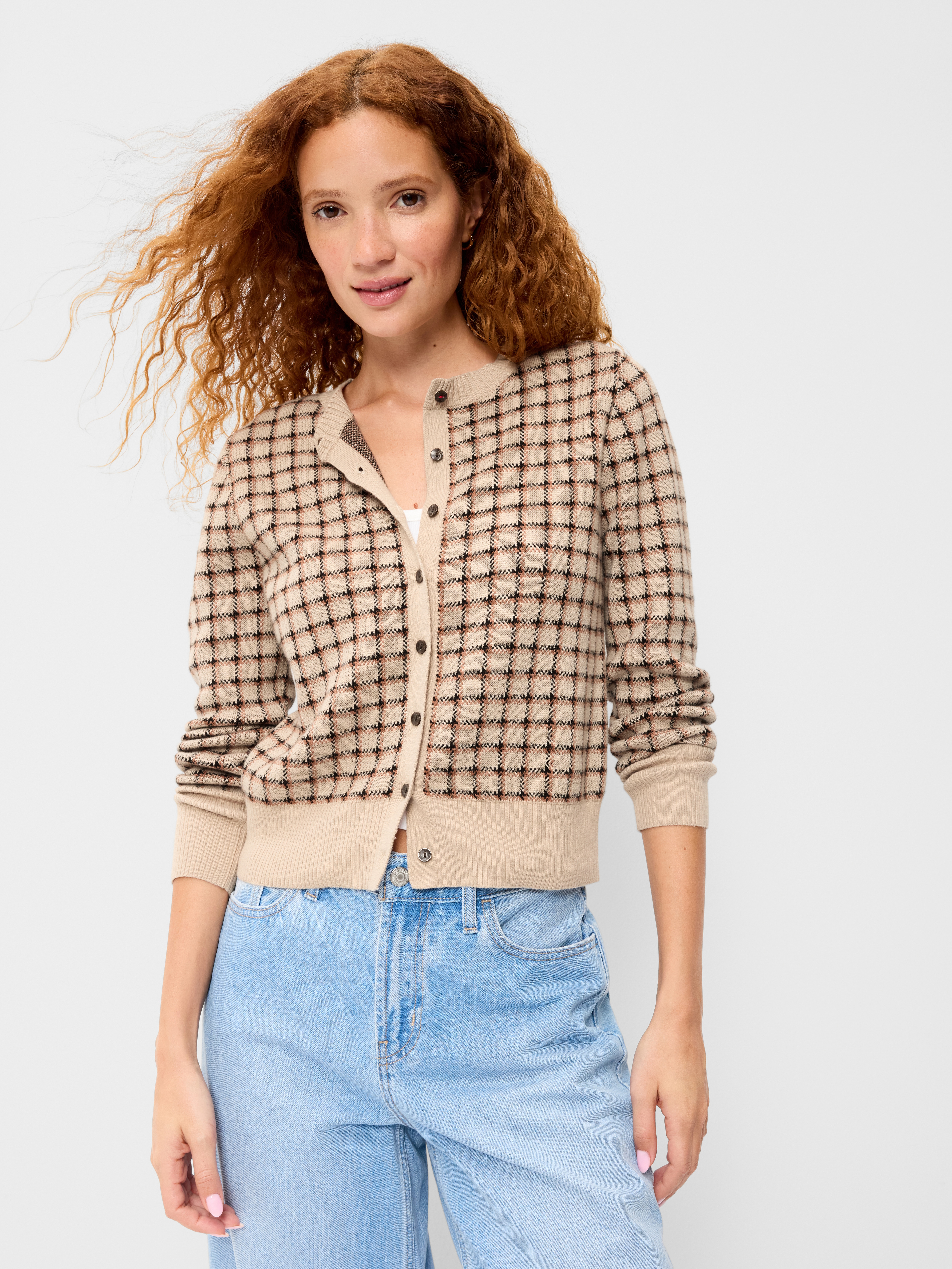 SoSoft Cropped Crew-Neck Cardigan - Neutral Plaid - 3