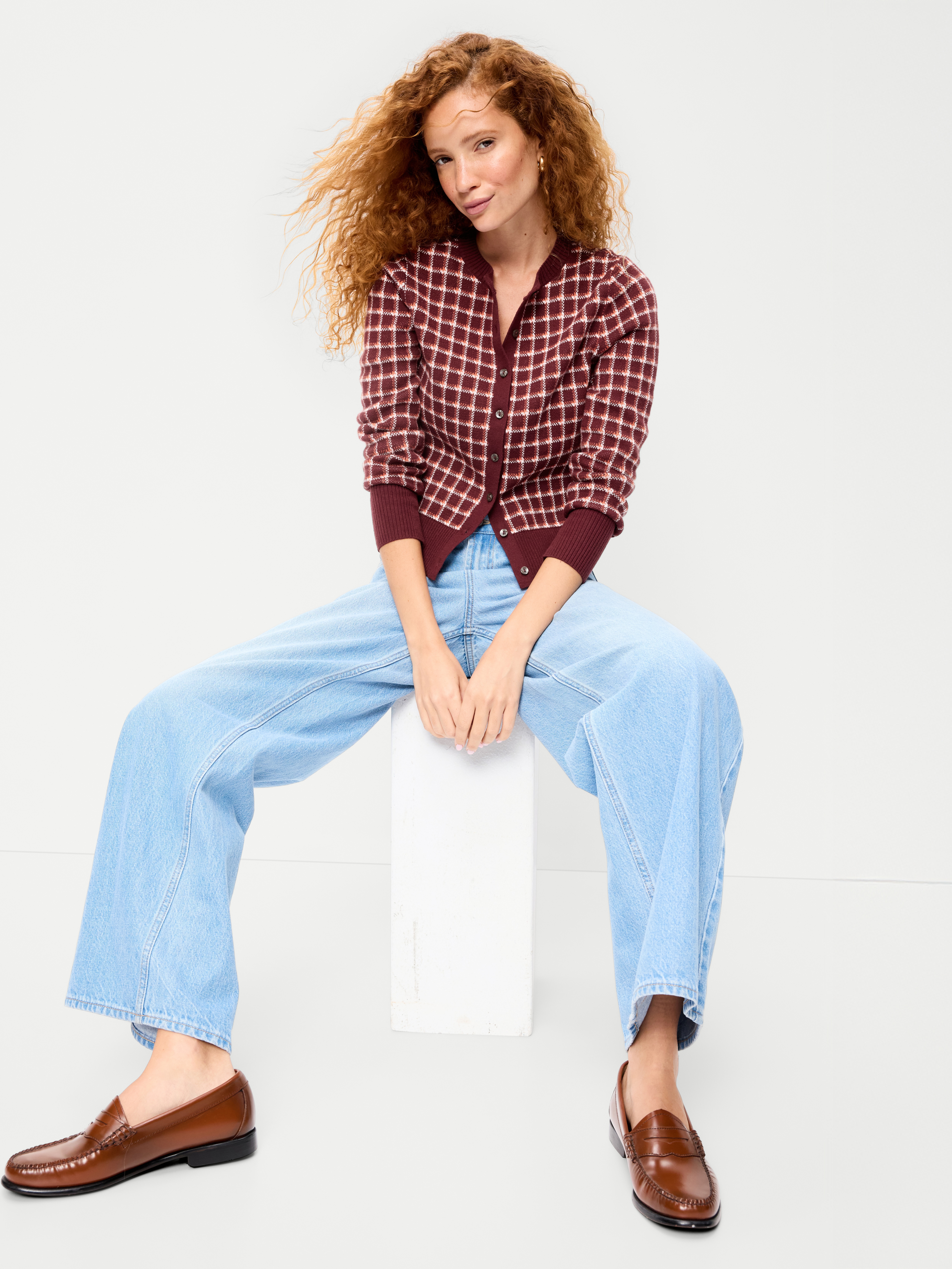 SoSoft Cropped Crew-Neck Cardigan - Red Plaid - 3