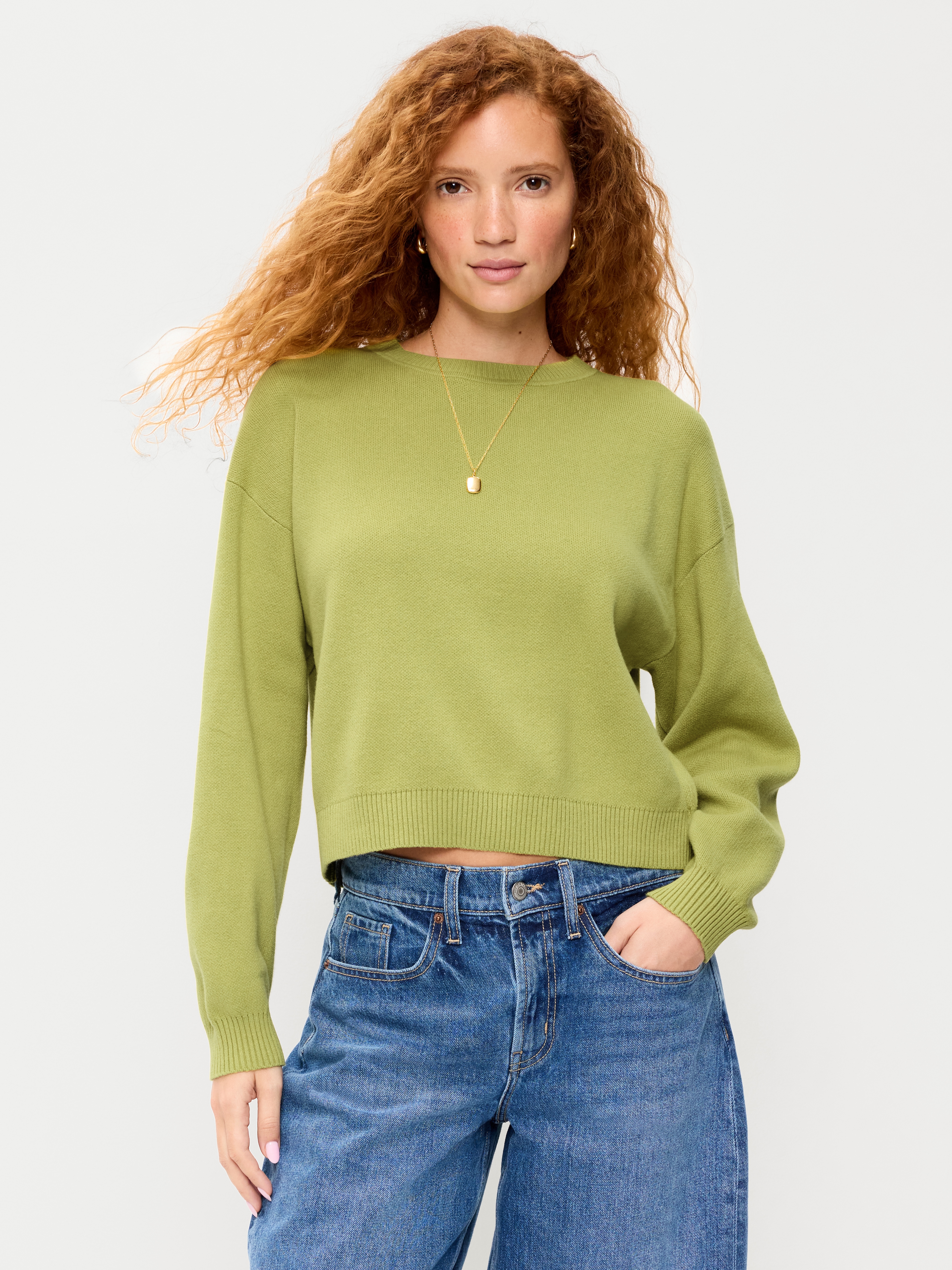 Cotton-Blend Crew-Neck Cropped Sweater - Wasabi - 1