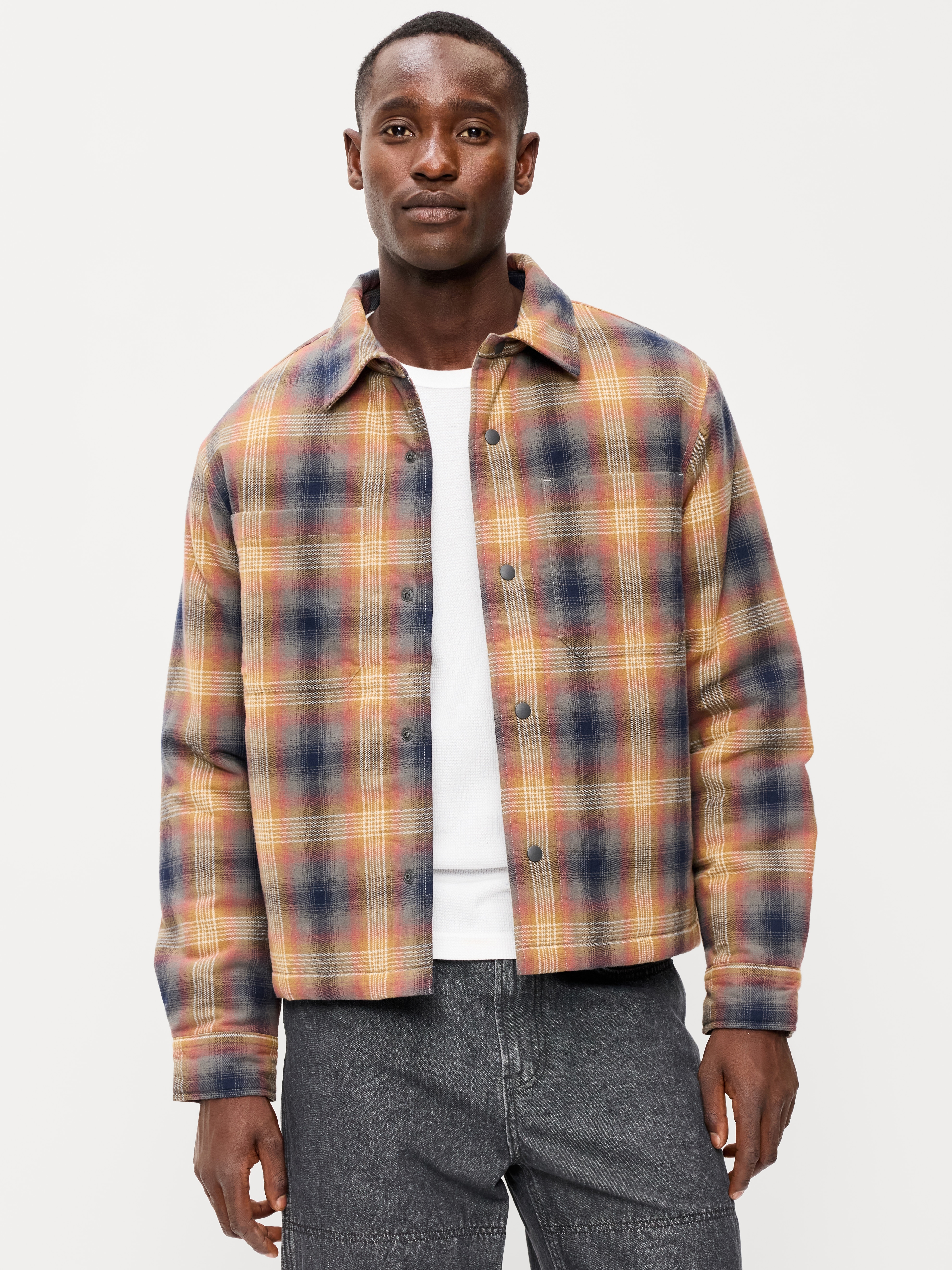 Cropped Insulated Flannel Shacket - Brown Plaid - 1