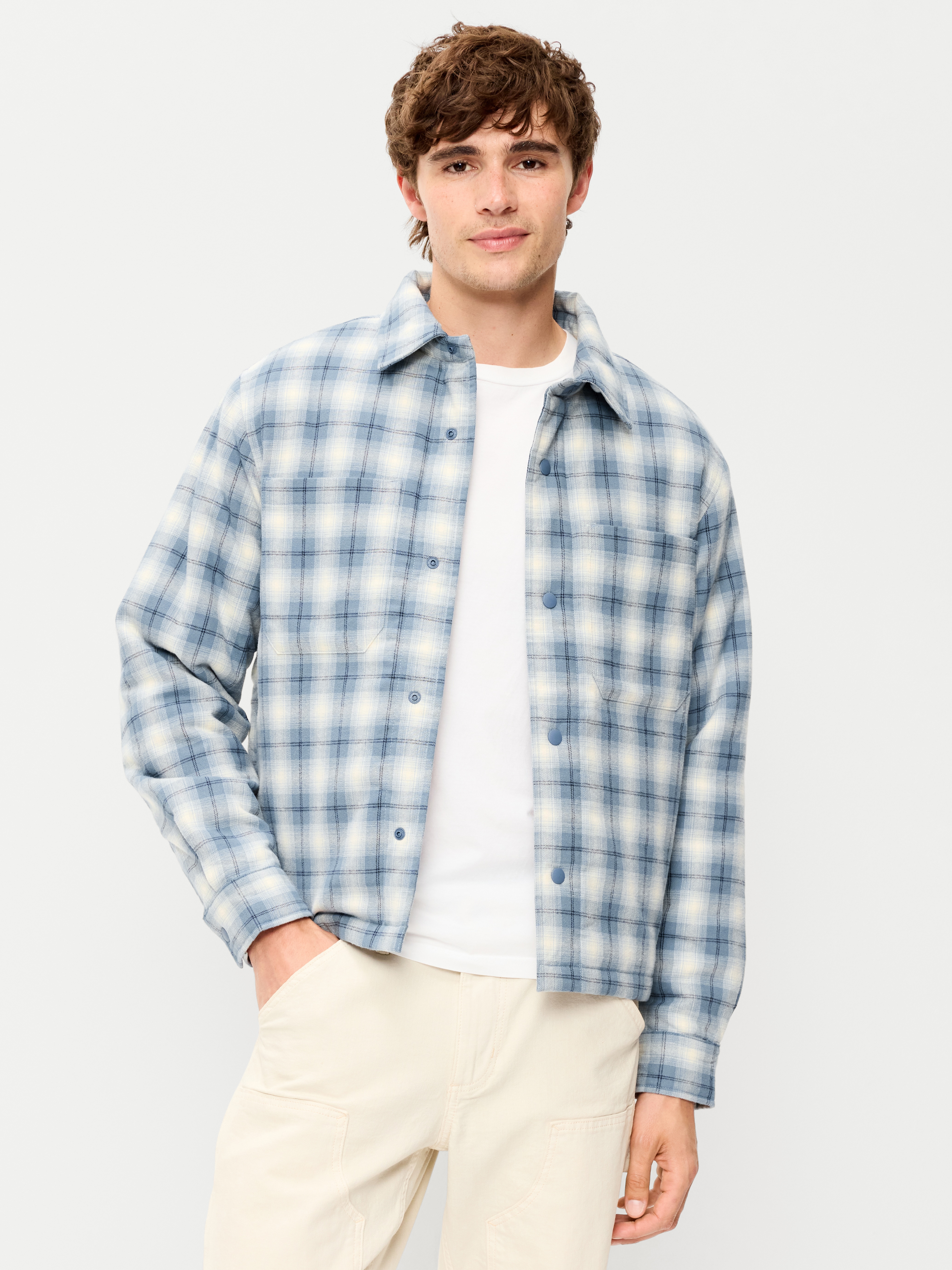 Cropped Insulated Flannel Shacket - Blue Plaid - 1