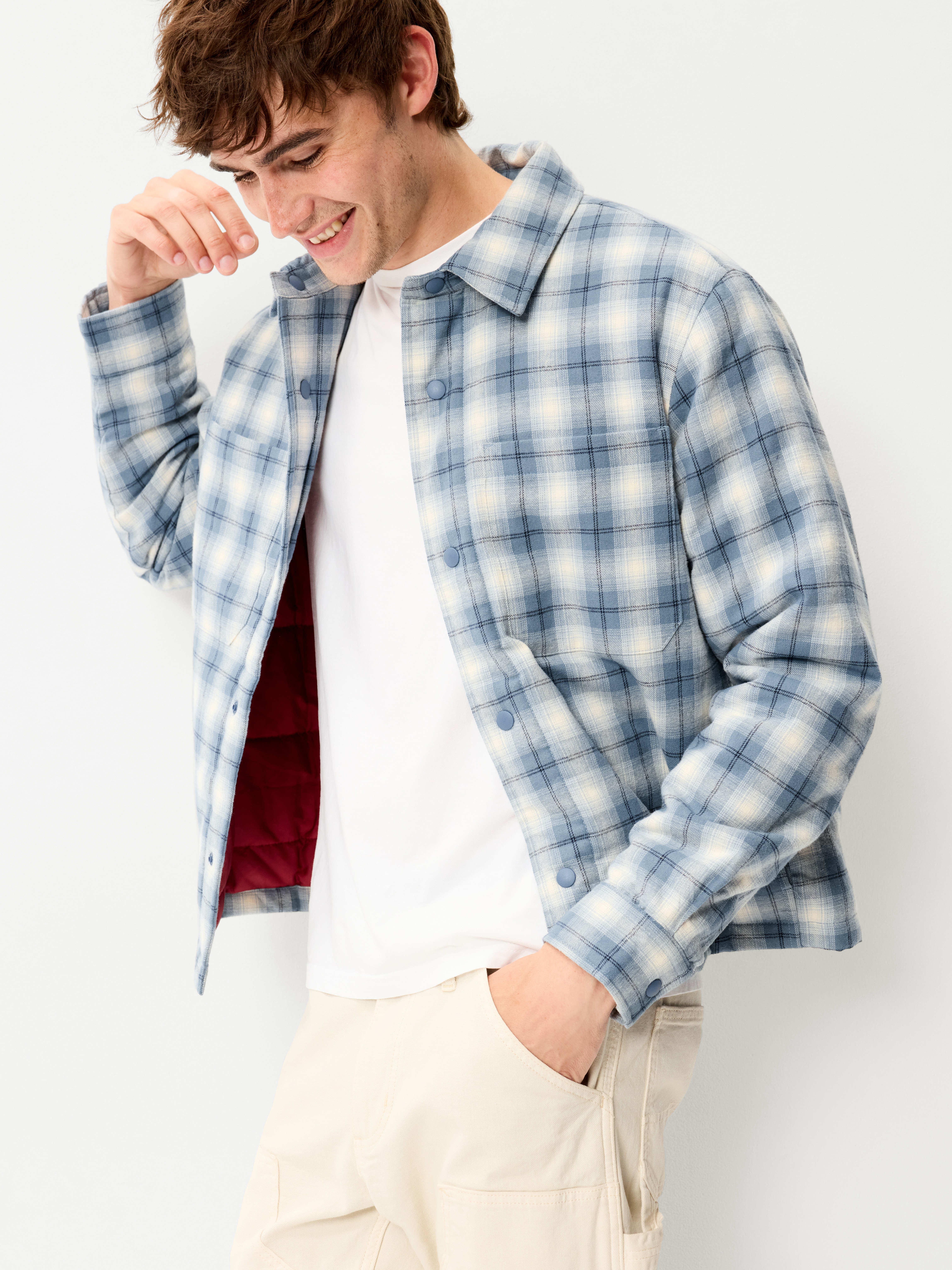 Cropped Insulated Flannel Shacket - Blue Plaid - 4