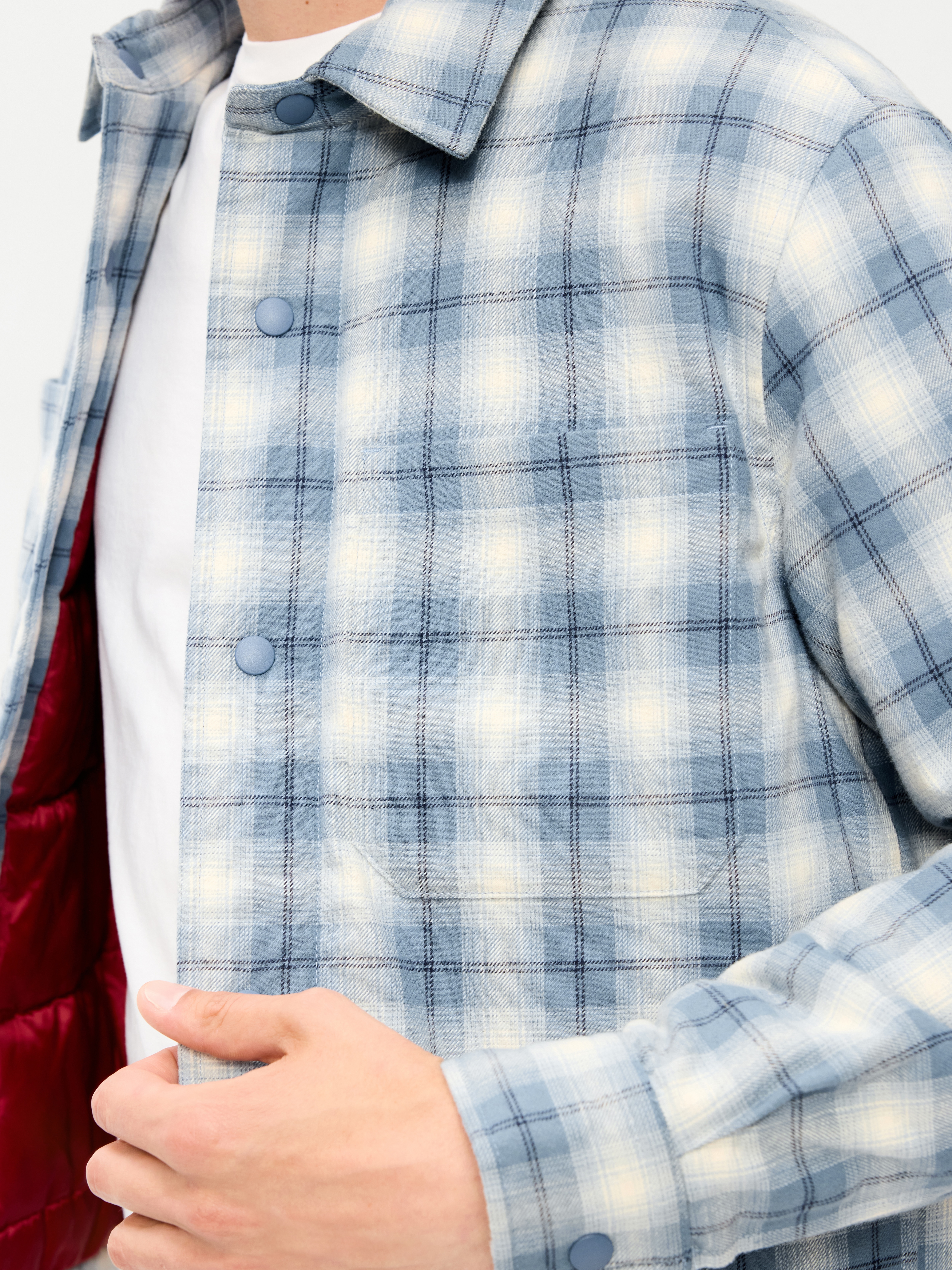 Cropped Insulated Flannel Shacket - Blue Plaid - 5
