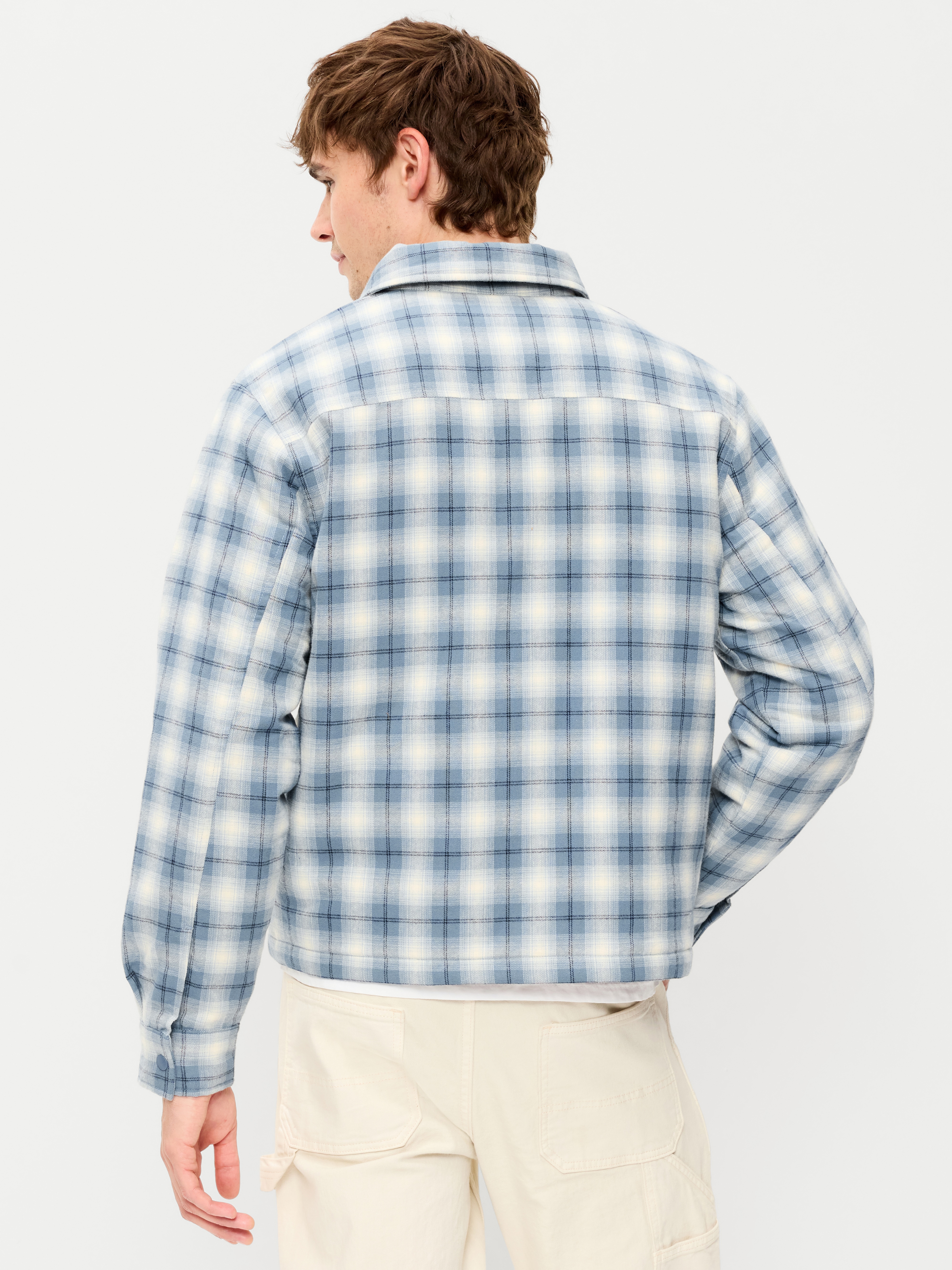 Cropped Insulated Flannel Shacket - Blue Plaid - 2