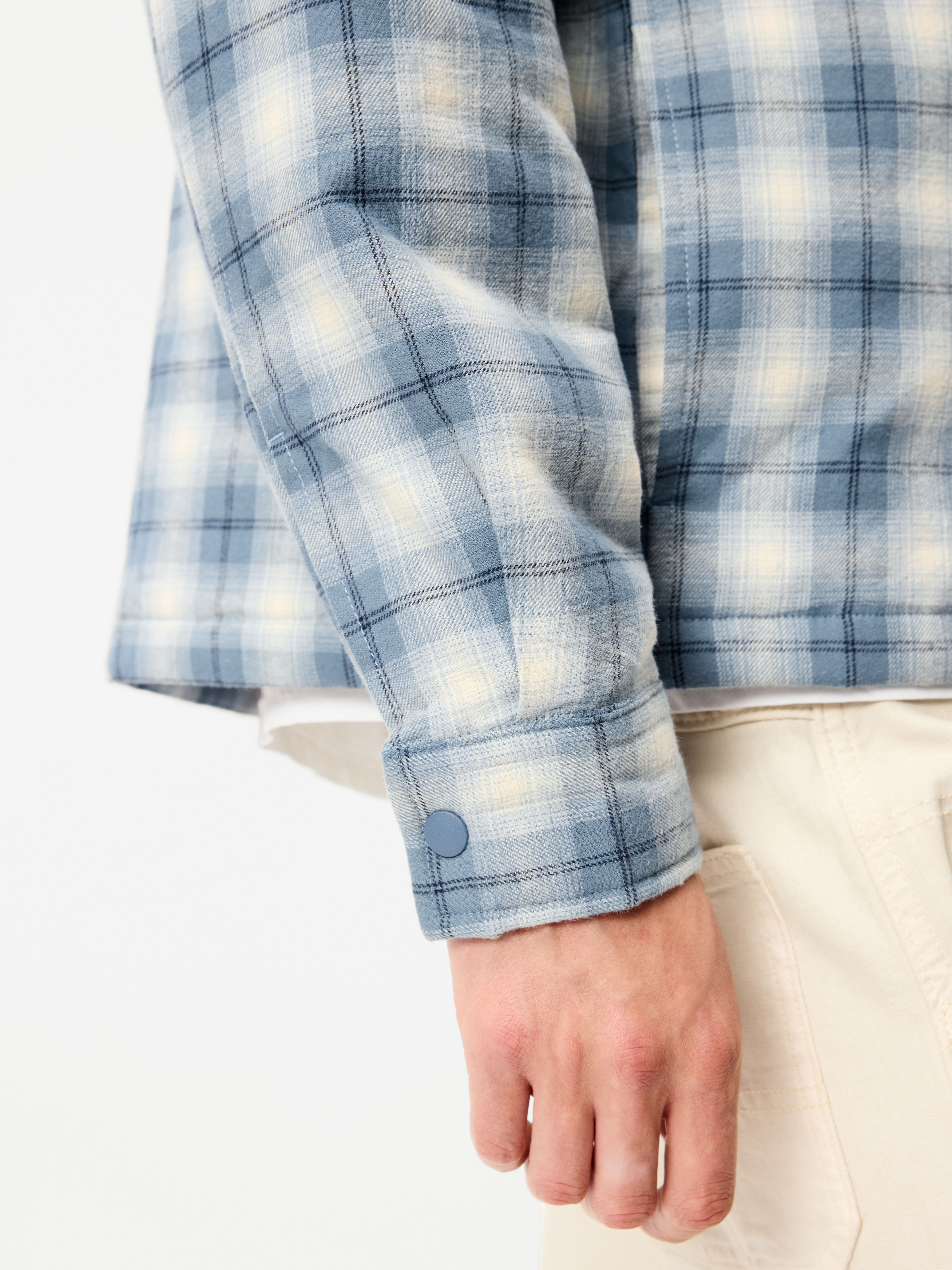 Cropped Insulated Flannel Shacket - Blue Plaid - 6
