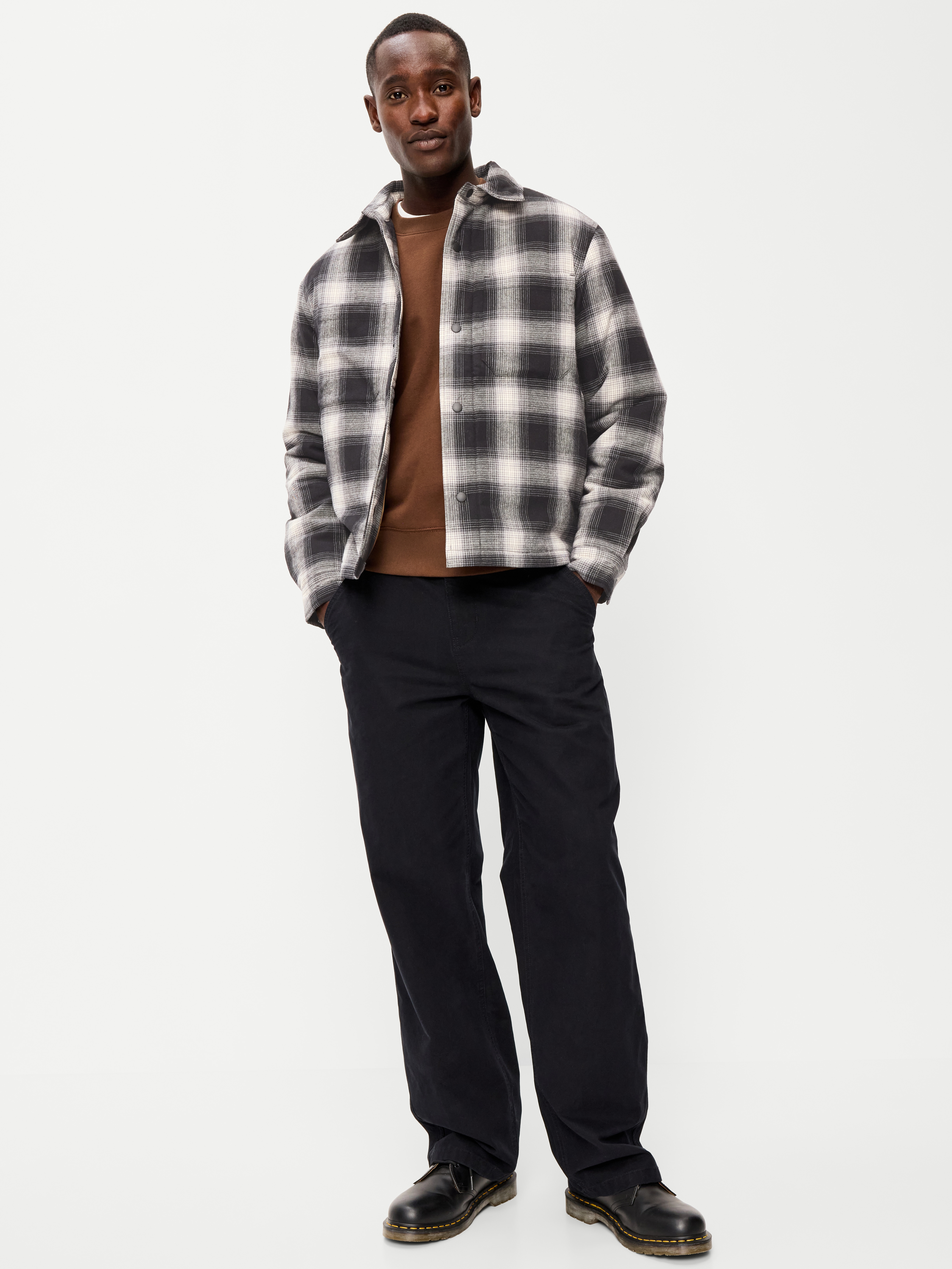 Cropped Insulated Flannel Shacket - Black Plaid - 3