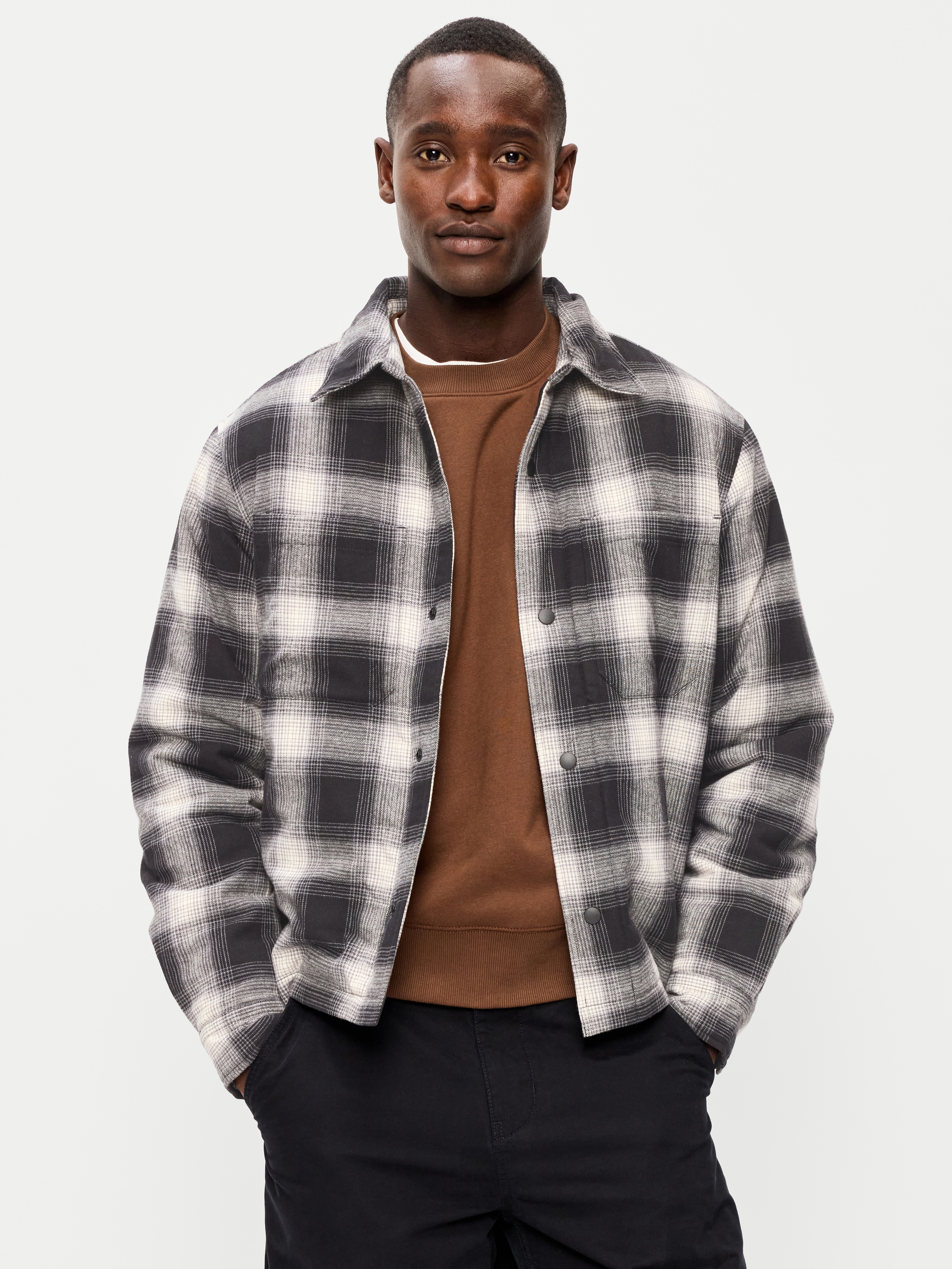 Cropped Insulated Flannel Shacket - Black Plaid - 1