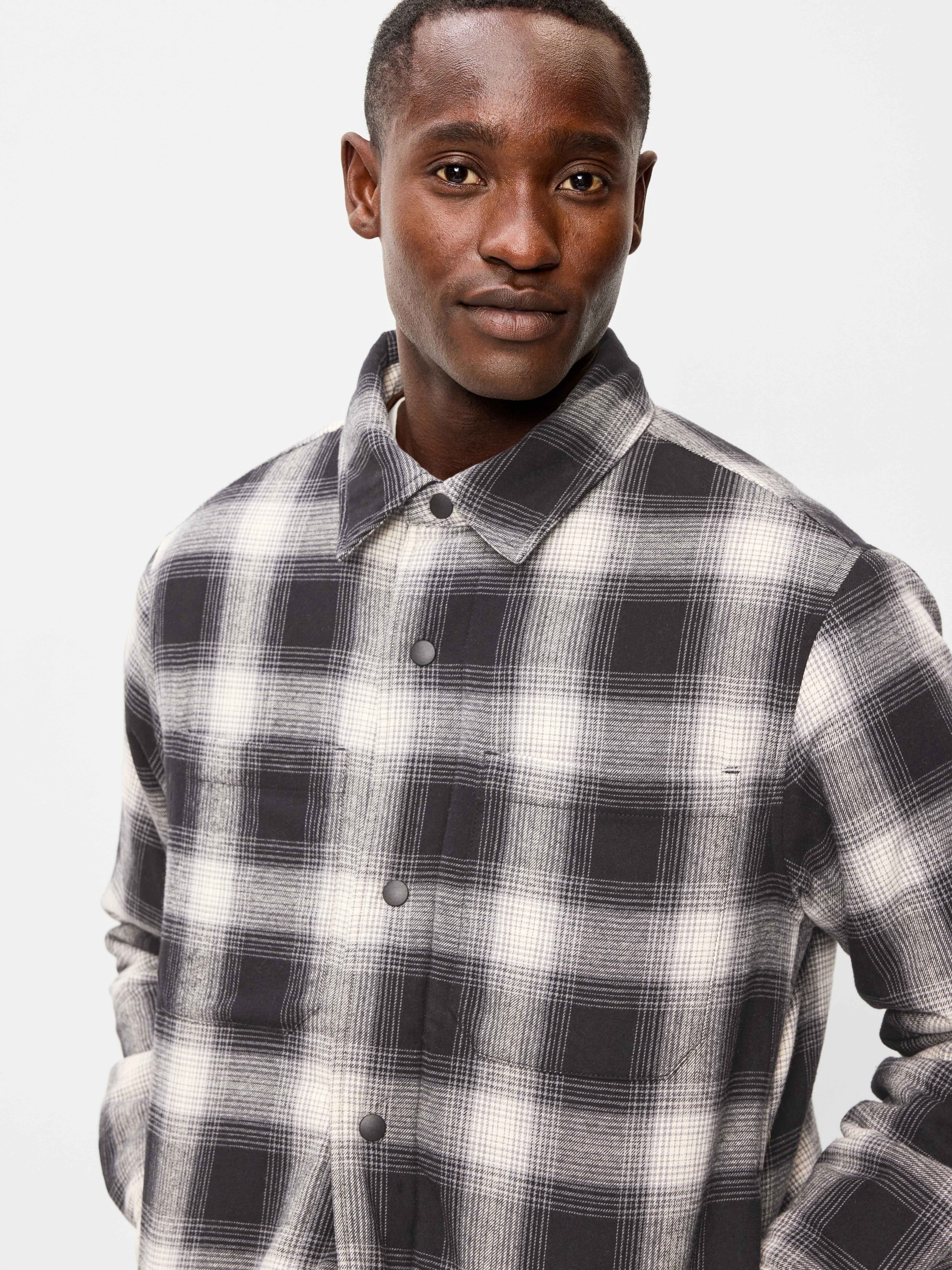 Cropped Insulated Flannel Shacket - Black Plaid - 4