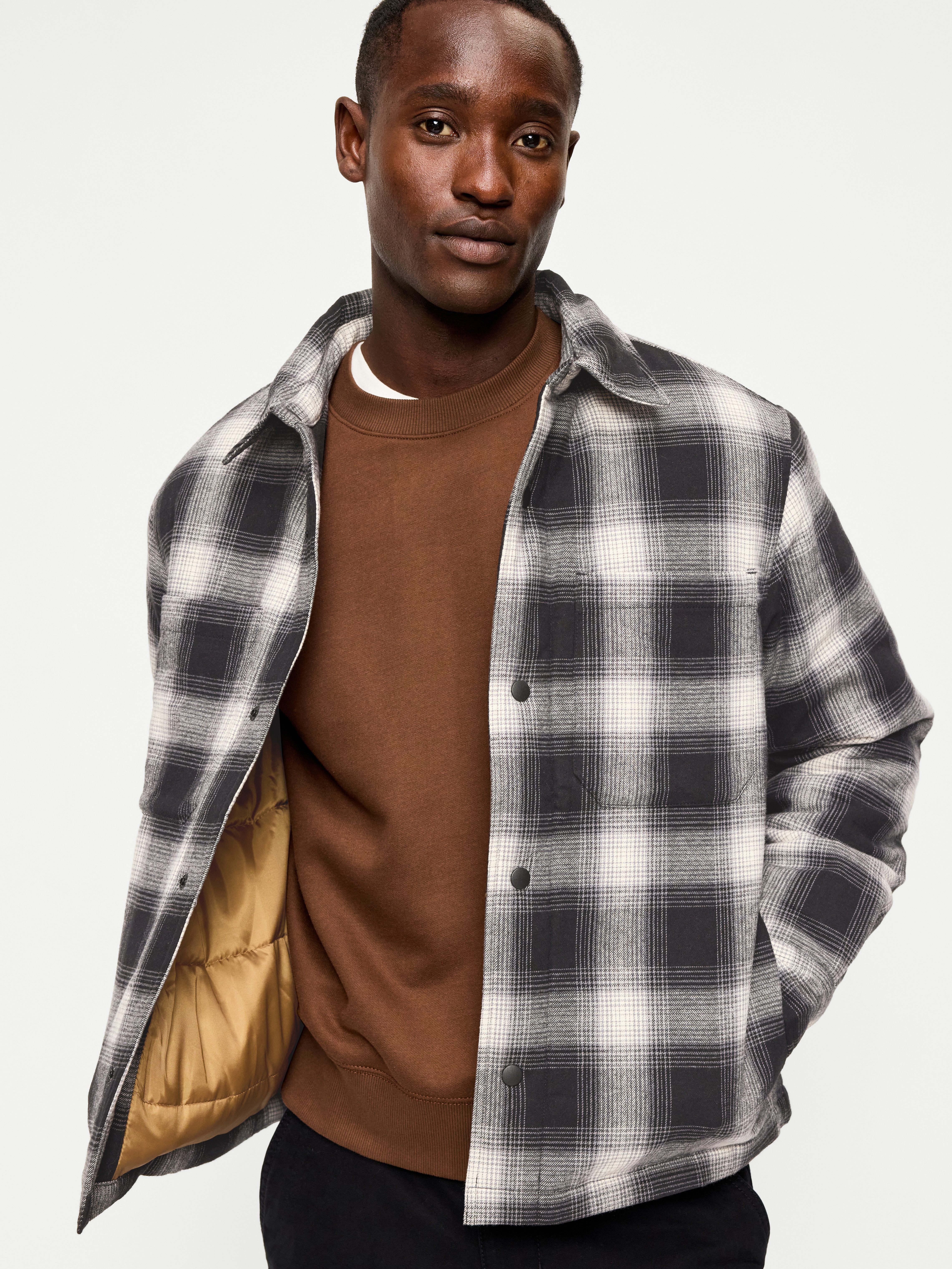 Cropped Insulated Flannel Shacket - Black Plaid - 5