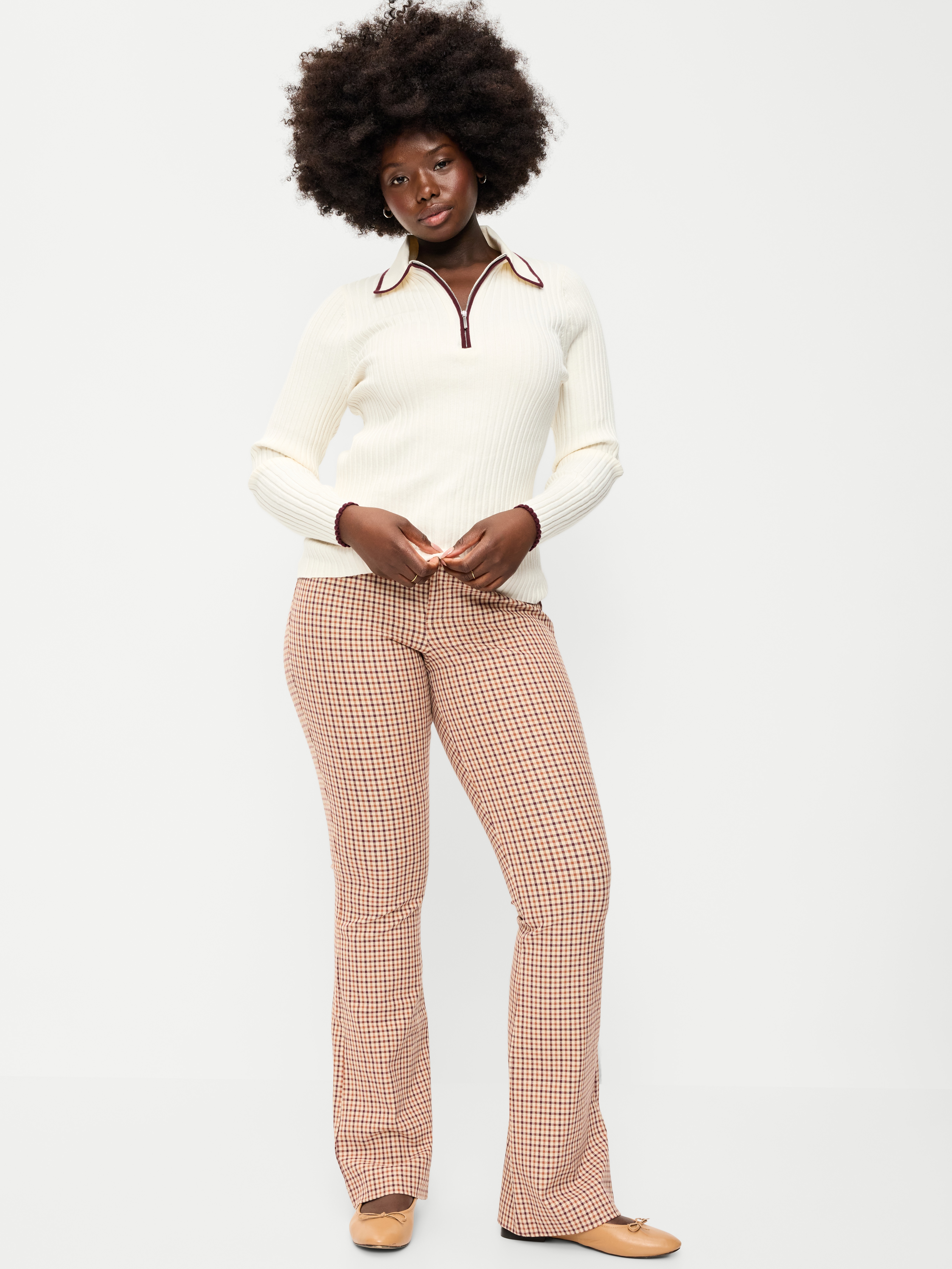High-Waisted Pixie Flare Pants - Brown Plaid - 5