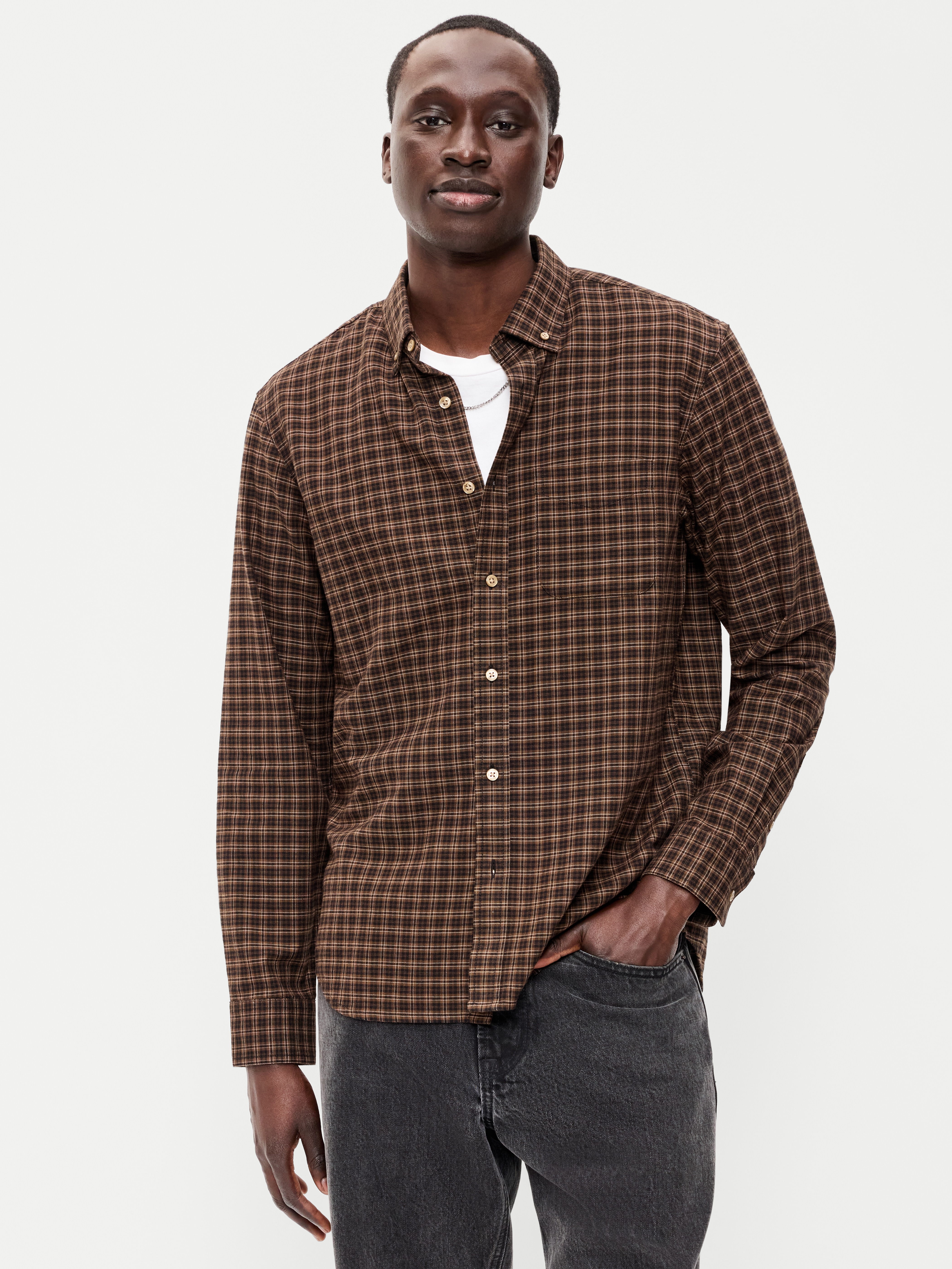 Classic Fit Everyday Oxford Shirt - Small Brown Plaid - 1