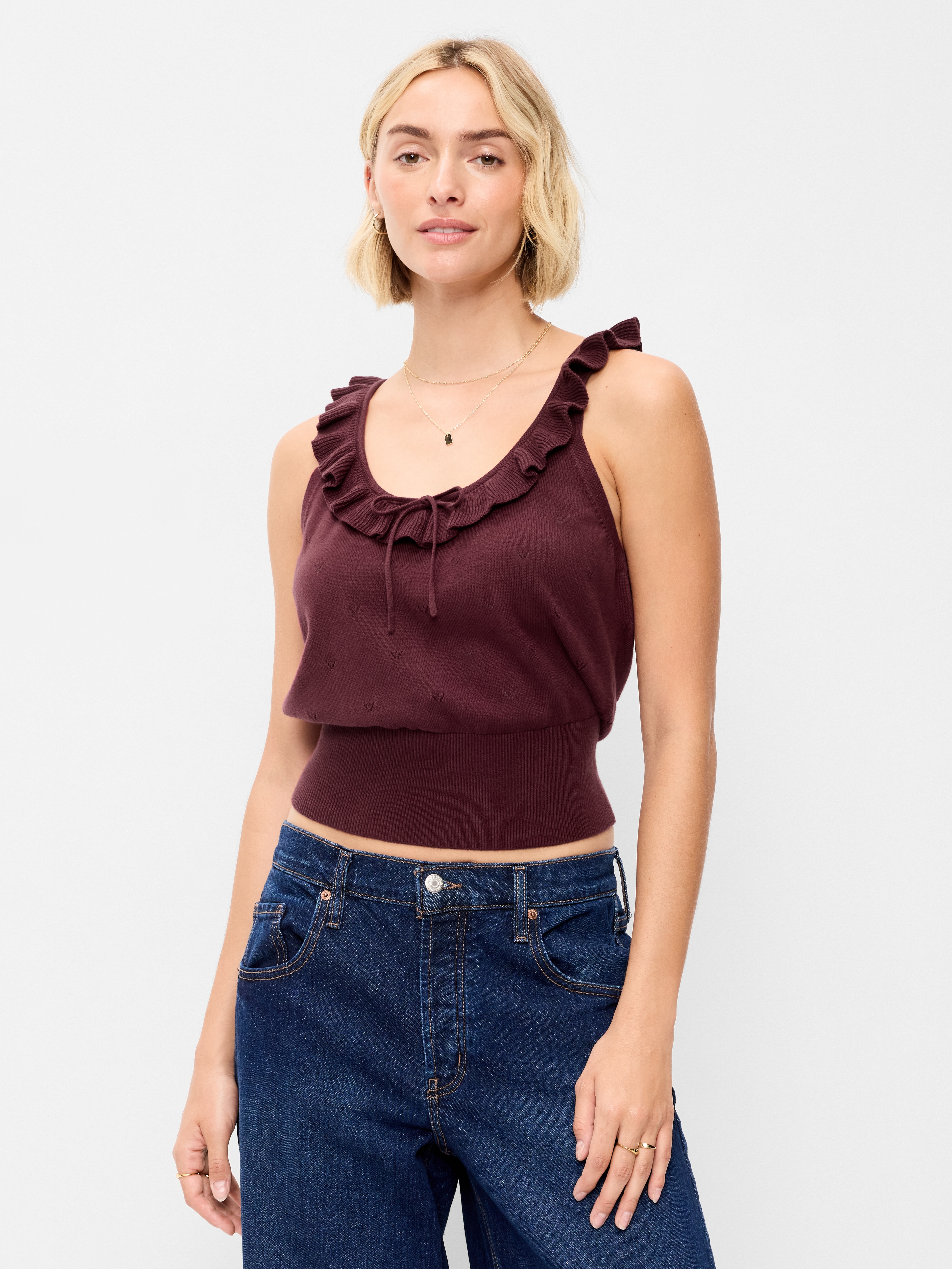 SoSoft Cotton Tie-Front Pointelle Tank Top - Reddy Or Not - 1