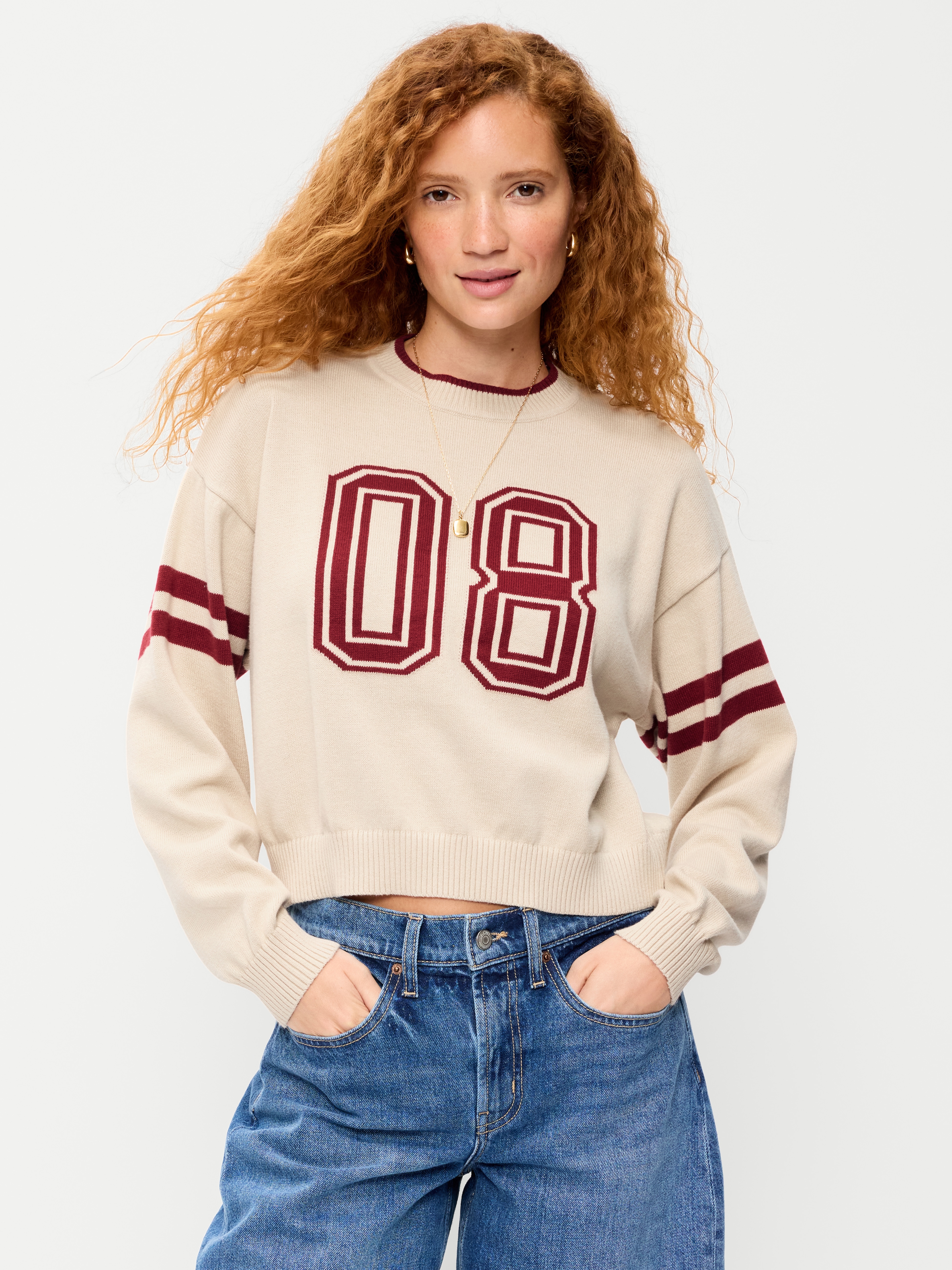 Cotton-Blend Crew-Neck Cropped Sweater - Letters/Numbers - 1