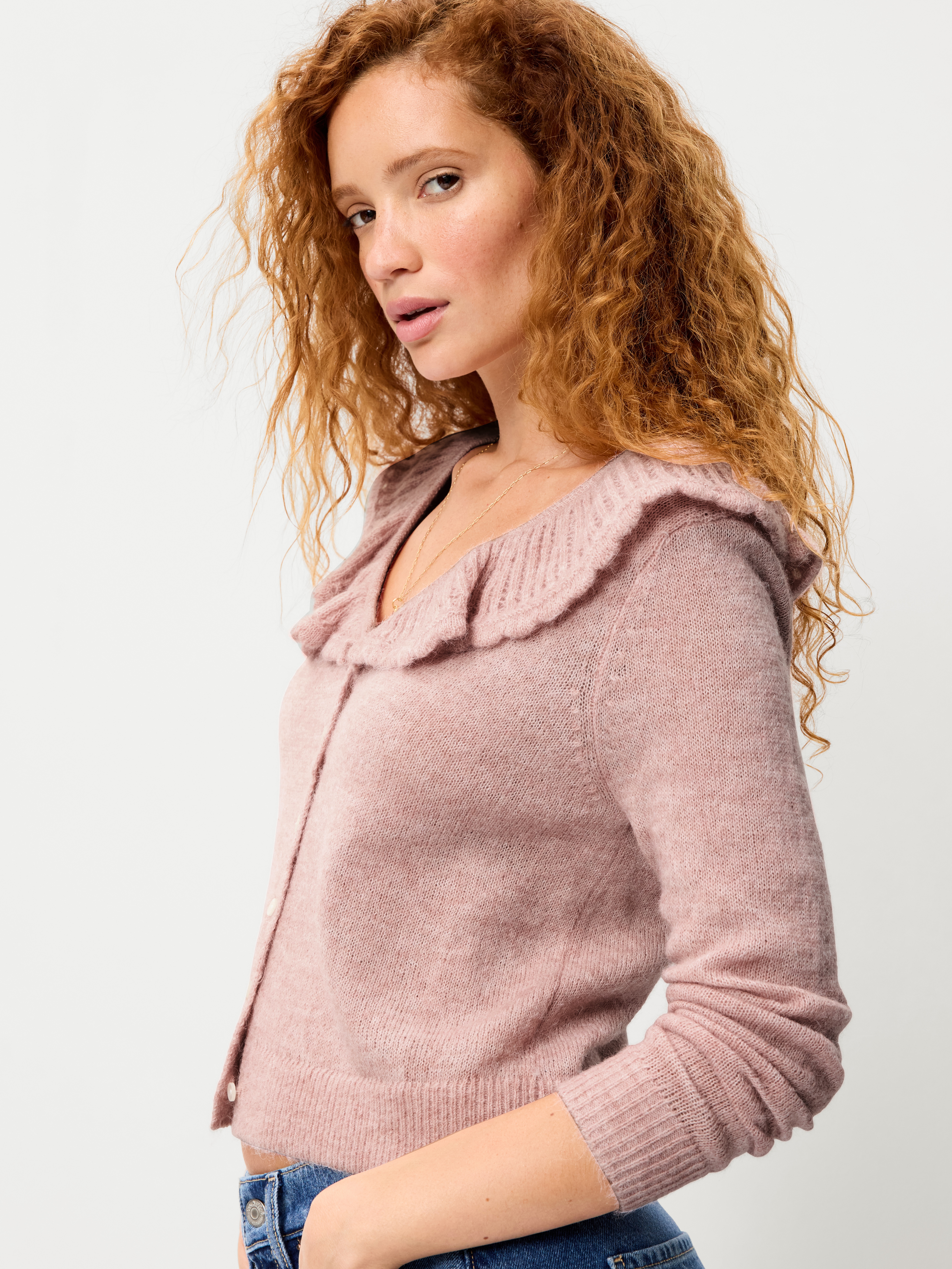 Ruffle-Collar Wool-Blend Pointelle Cardigan - Powder Pink - 3
