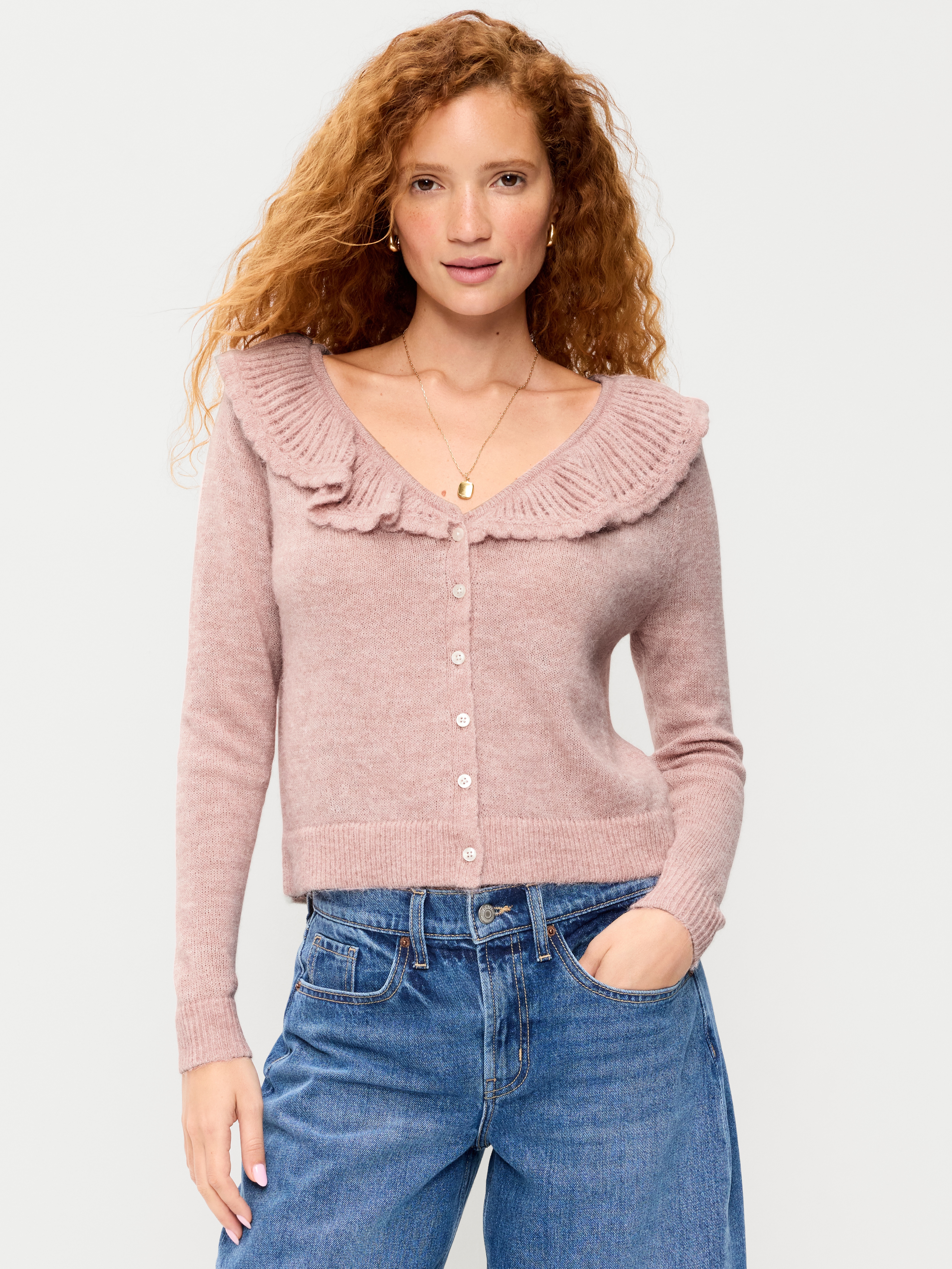 Ruffle-Collar Wool-Blend Pointelle Cardigan - Powder Pink - 1
