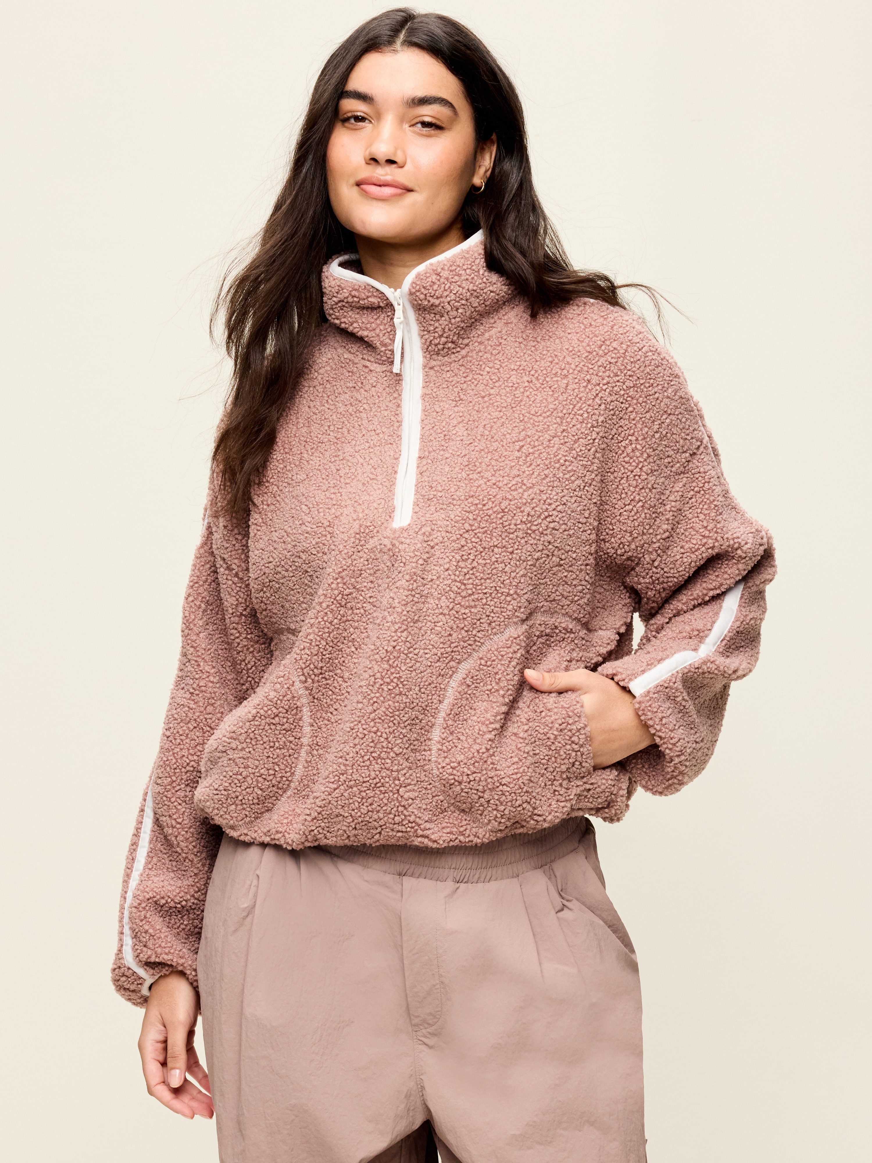 Loose Sherpa Quarter-Zip Pullover - Mocha - 5